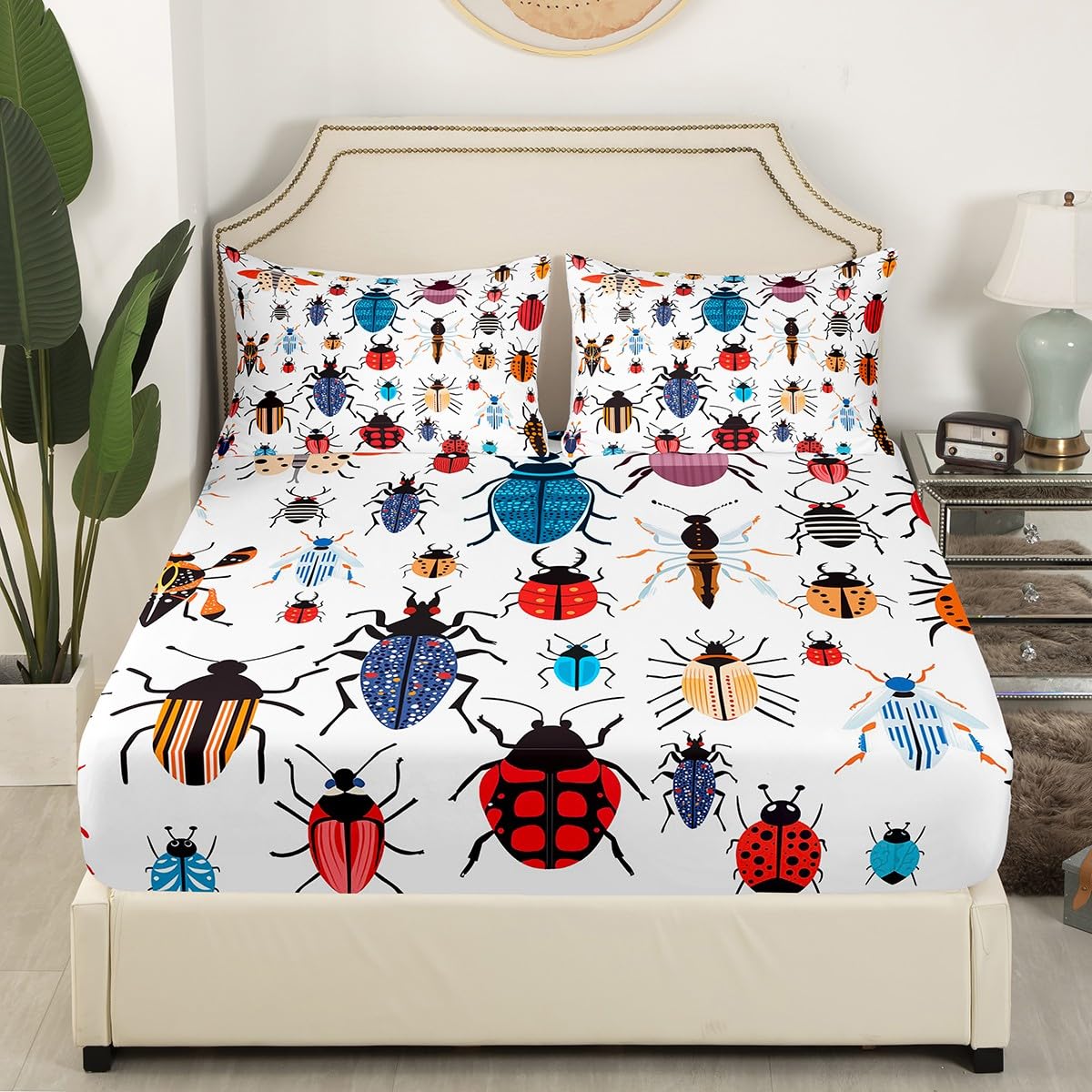Beetles Sheet Set Queen - Colorful Beetle Print Bedding, Rustic Farmhouse Style - Includes Flat Sheet, Fitted Sheet & 2 Pillowcases - Soft Polyester Microfiber - View #5