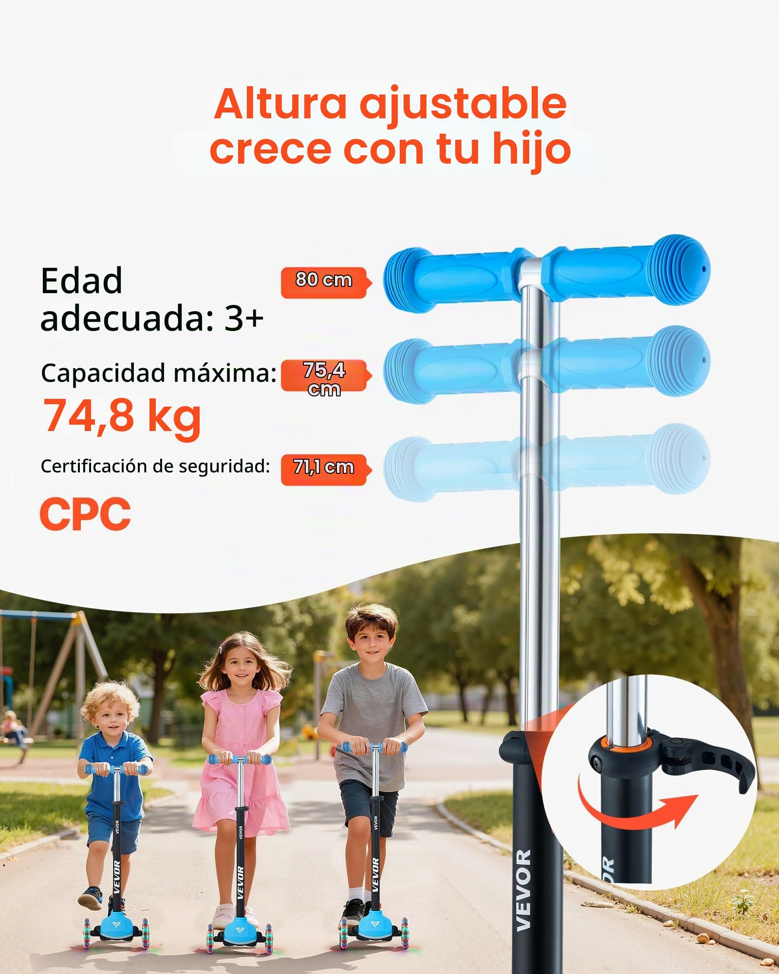 VEVOR Patinete 3 Ruedas, para Niños de 3 Años en Adelante, Ruedas Iluminadas, Manillar de Altura Ajustable, Base Antideslizante y Cuadro de Aluminio Ligero, hasta 75 kg, Azul, 520 x 250 x 800 mm