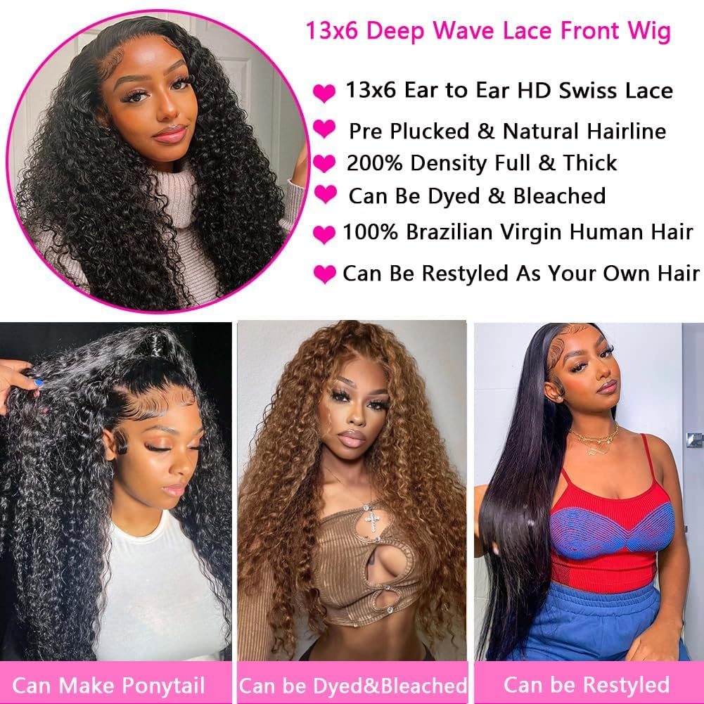 Bele 13x6 HD Lace Front Wigs Human Hair 28 inch 200 Density Deep Wave Lace Front Wigs Brazilian Water Curly Human Hair Wigs for Black Women Pre Plucked with Baby Hair Natural Color - Image 4