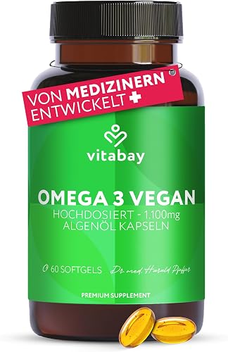 Vitabay Omega 3 Vegan 60 Kapseln mit 1100mg reinem Algenöl mit Vitamin E
