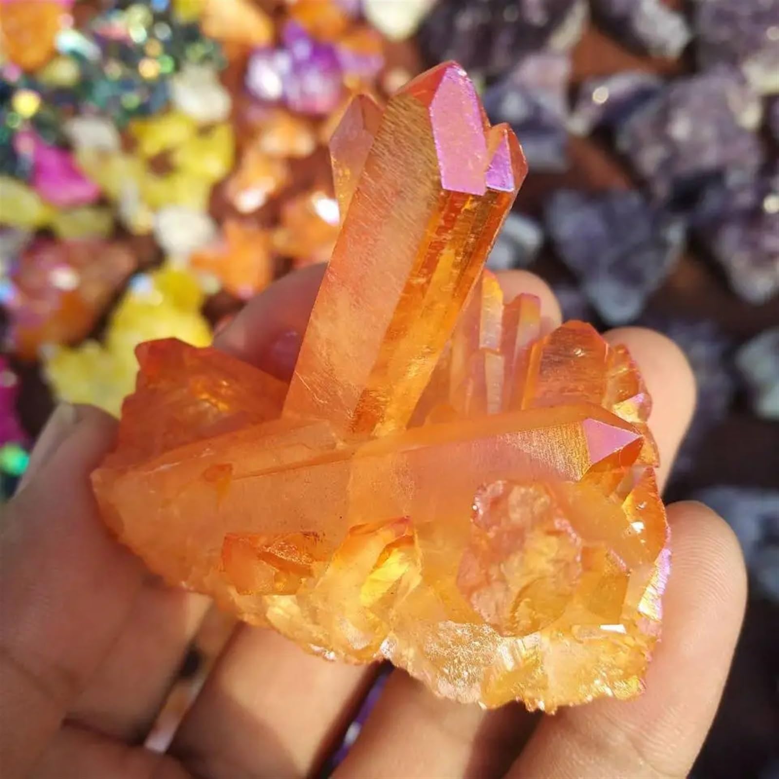 YLQUXEUV 90g Orange Aura Quartz Crystal vug Titanium Bismuth Silicon Cluster Rainbow Ornaments