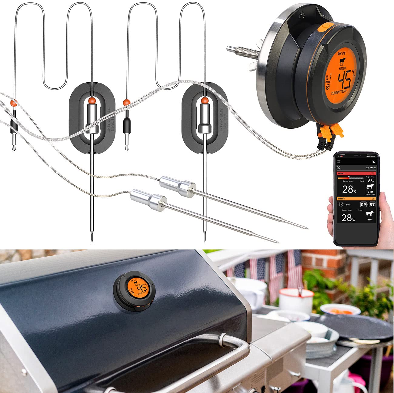Rosenstein & Söhne Deckelthermometer: Smartes Digital-Grill-Thermometer, Umrüstset, 4 Sensoren, BT, App (Deckelthermometer Digital, Grillthermometer Bluetooth, Kamin)