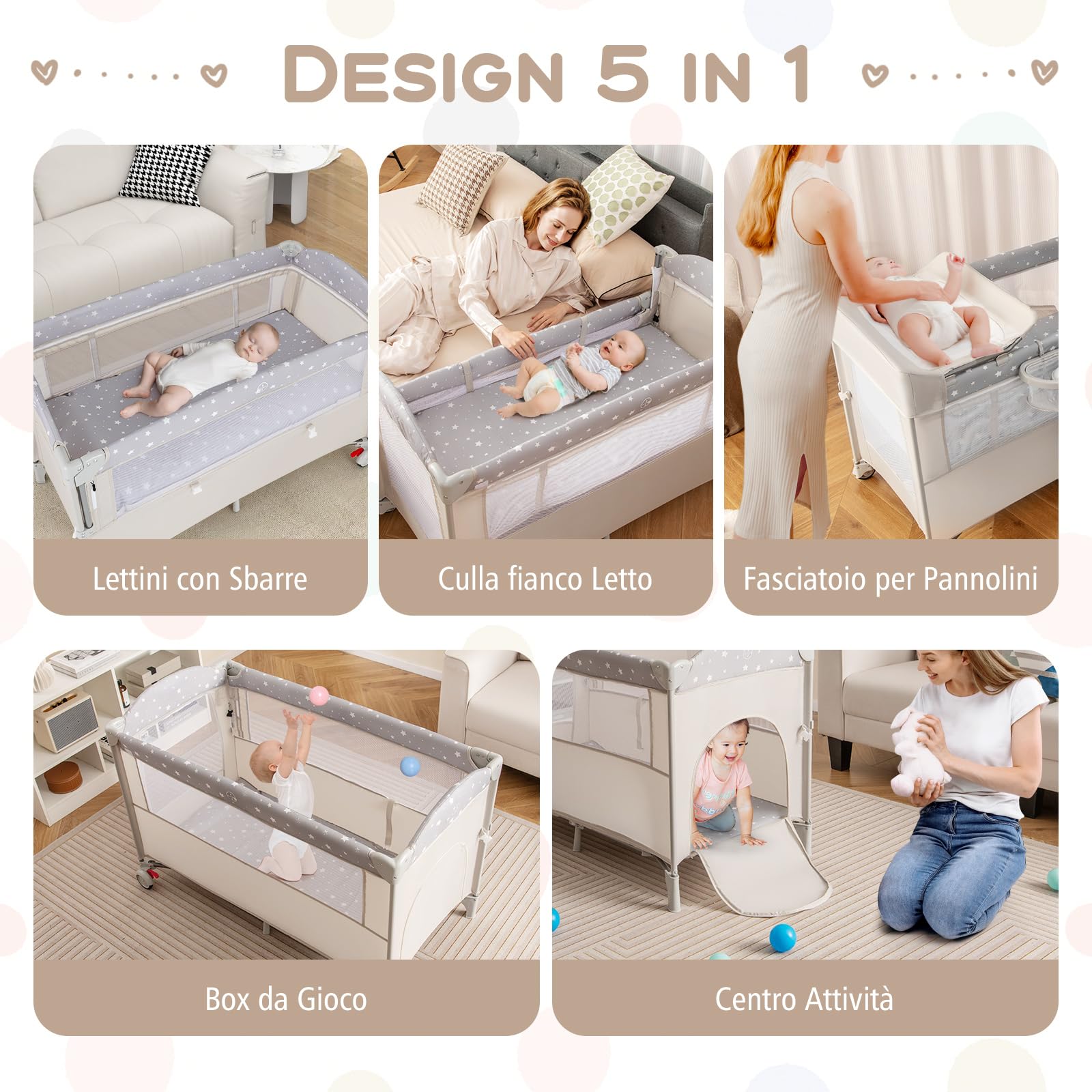 GYMAX Culla 5 in 1 con Fasciatoio, Palestrina, Scatola Musicale, Giochi, da Viaggio per Bambini, Lettino Portatile con Borsa da Trasporto per Neonati e Bambini (Beige)