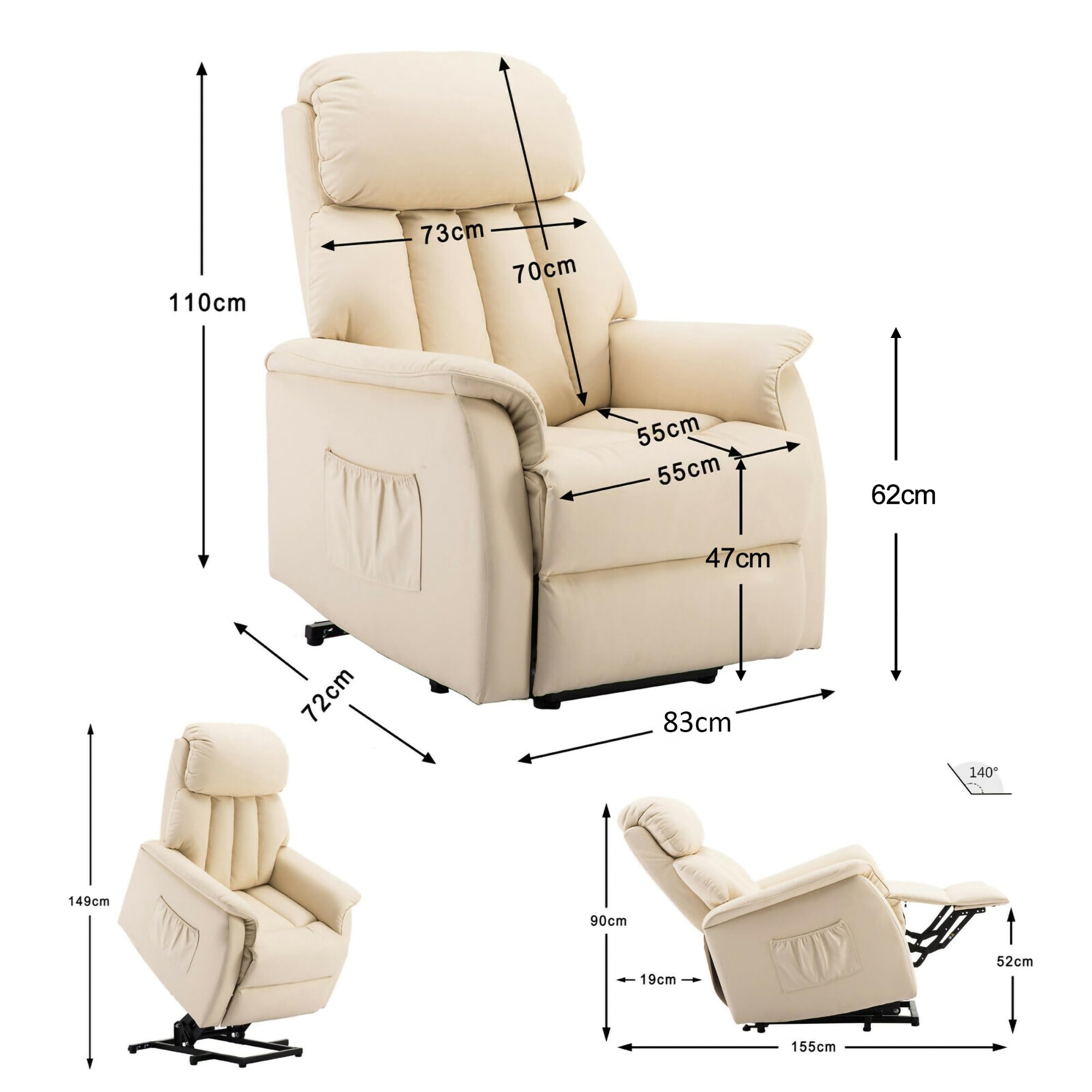 M MCombo Fernsehsessel mit Aufstehhilfe Elektrisch, Relaxsessel mit Liegefunktion, Seniorensessel für Wohnzimmer, TV Sessel mit Liegefunktion bis 140° 7299(Kunstleder, Cremeweiß)