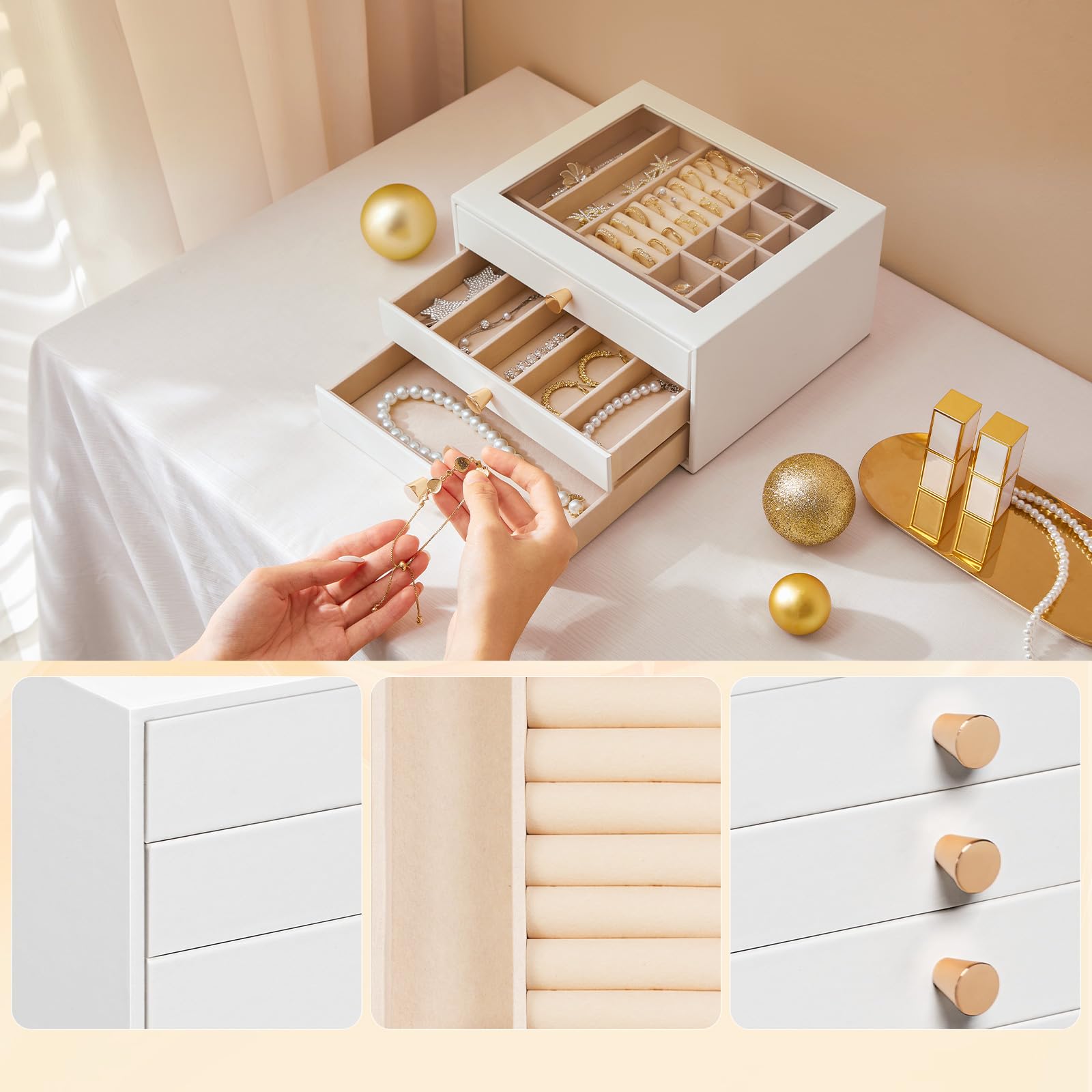 Homde Portagioie In Pelle Marrone Con Vetro - Grande Organizer Con Cassetti E Velluto, Per Collane, Orecchini, Orologi - 4