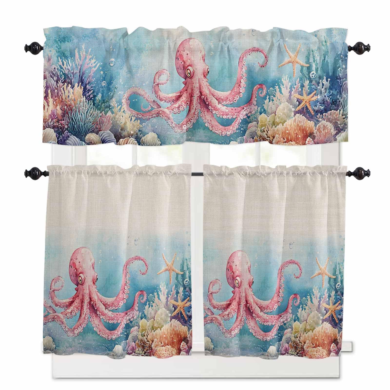 Octopus Kitchen Curtains 36 Inch Length, 3 Piece Rod Pocket Small Half Tiers and Valance Set, Ocean Coastal Starfish Watercolor Blue Coral Small Large Window Treatment Decor for Bedroom/Bathroom Sink
