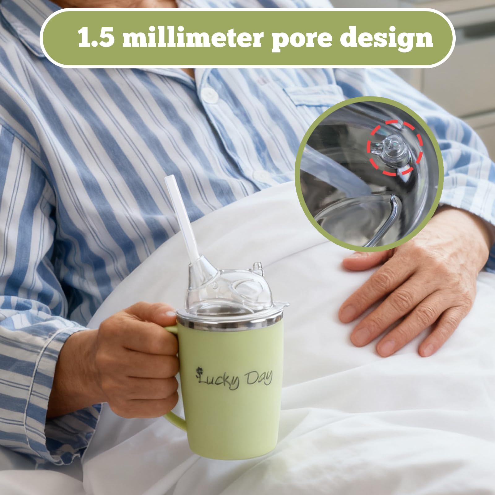 Taza con pico para personas mayores: vaso de 350 ml para personas mayores, 3 en 1 a prueba de fugas con paja de 30 cm, vaso de acero inoxidable con asa para pacientes, ancianos y mujeres