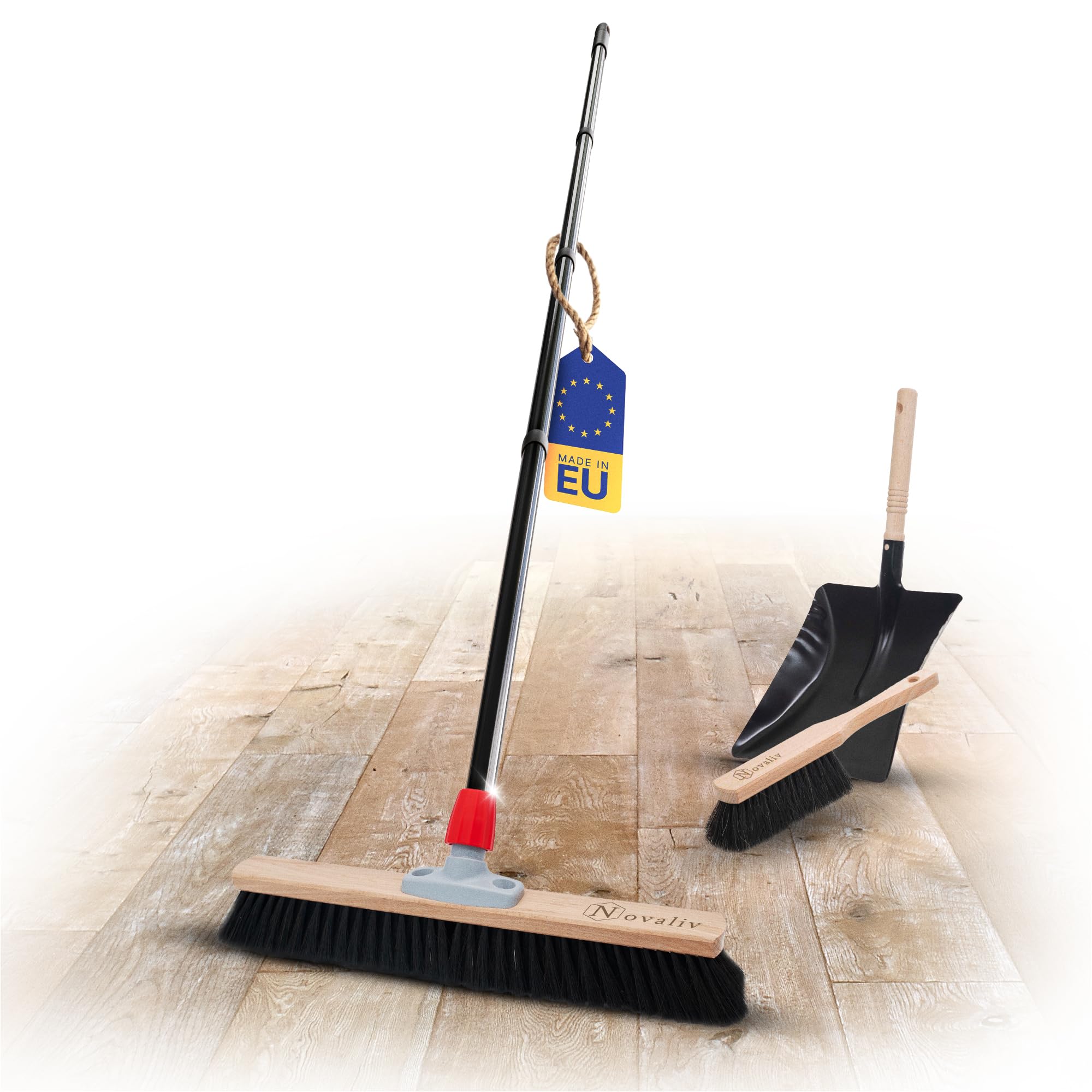 Novaliv Escoba grande de 60 cm con mango de cerdas de crin, incluye recogedor negro compuesto de recogedor y escoba de mano, escoba fina para taller, escoba industrial con mango