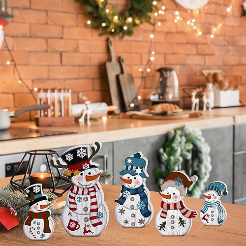 Miniatura 4 de Soaoo 5 piezas de muñeco de nieve de Navidad decoración de mesa de invierno muñeco de nieve decoraciones de mesa de madera centros de mesa de