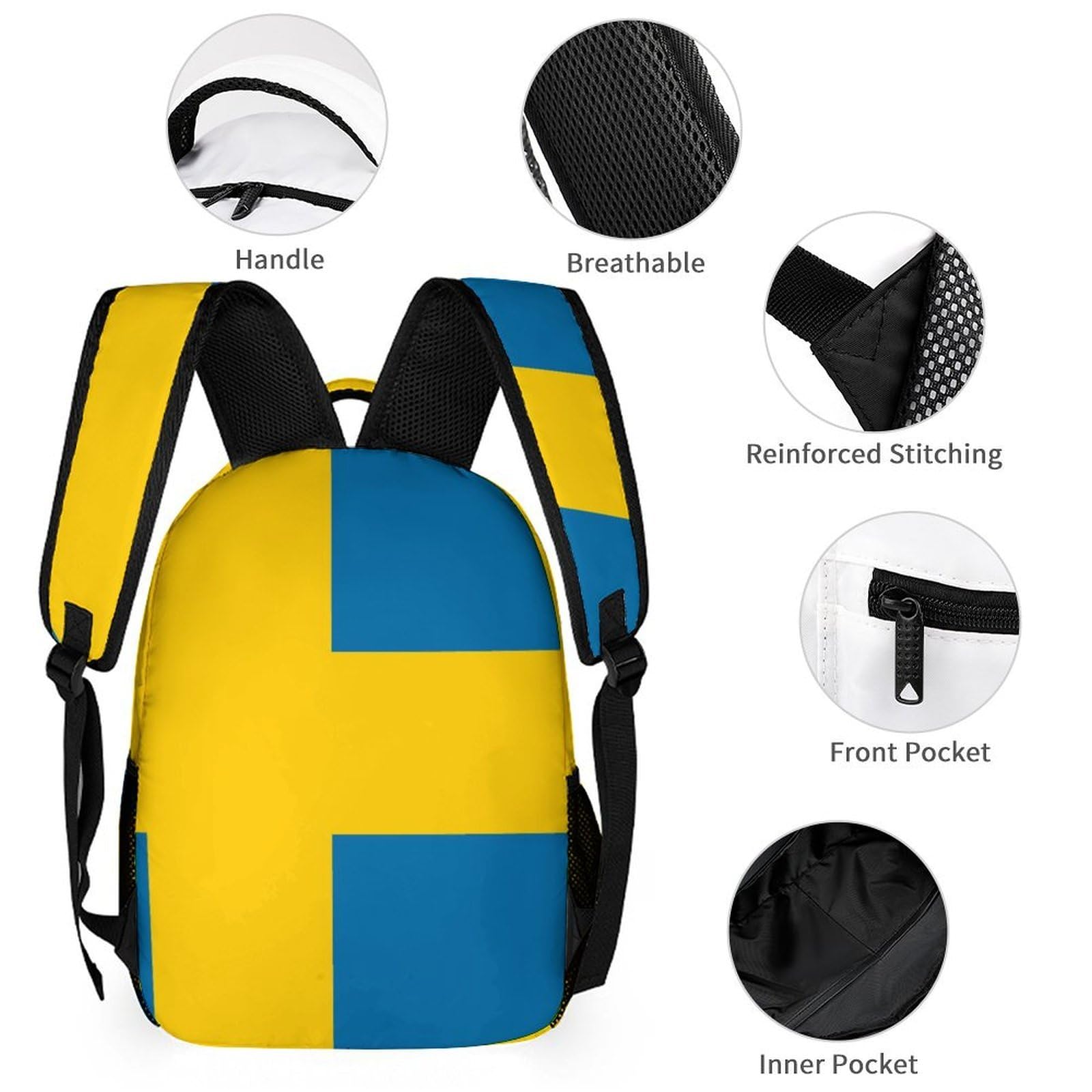 Sac à dos léger avec boîte à lunch, trousse de maquillage et rangements (drapeau suédois)