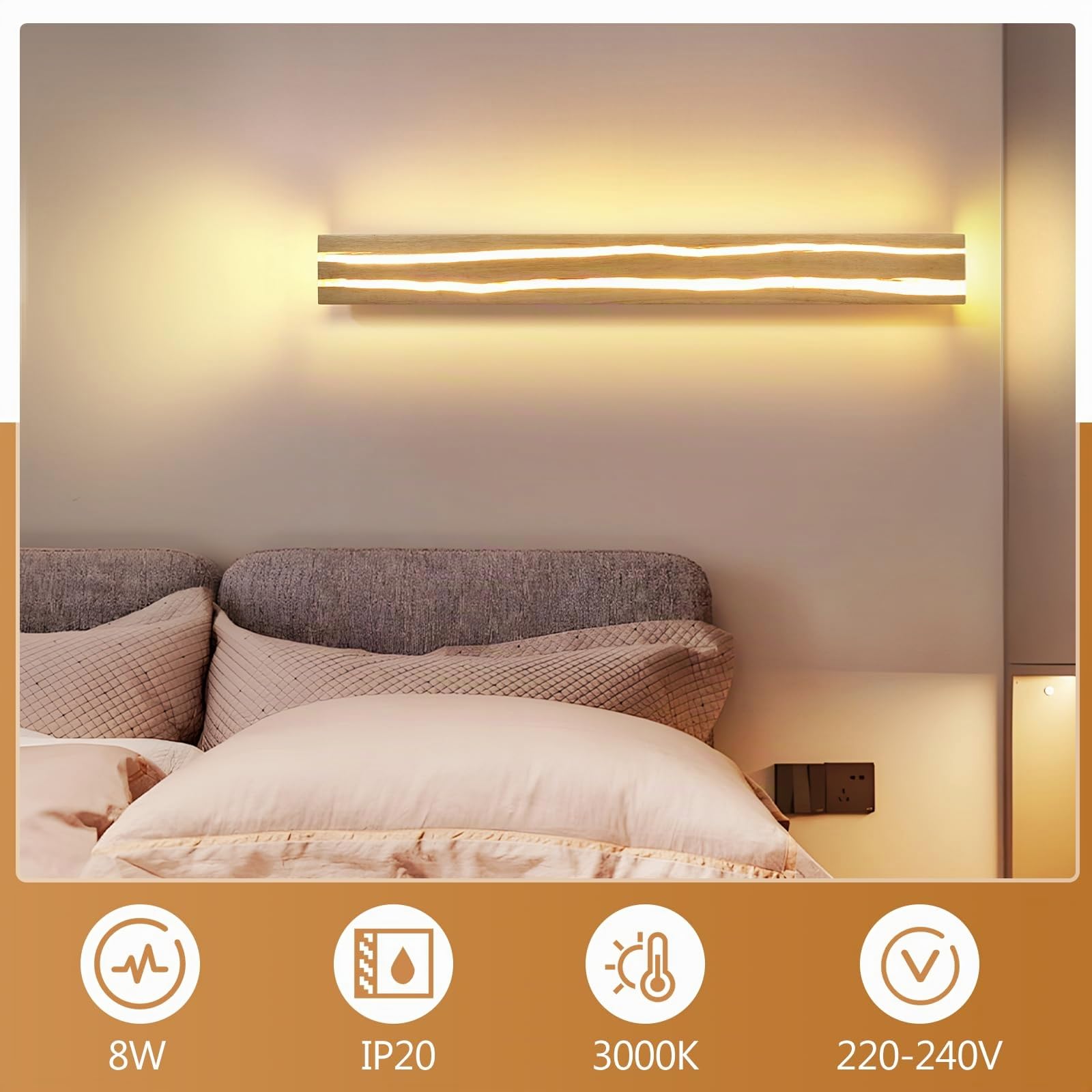 ZMH lampada da parete, applique LED - in legno 50cm 3000K bianco caldo luce notturna moderno per camera da letto scala corridoio illuminazione interna