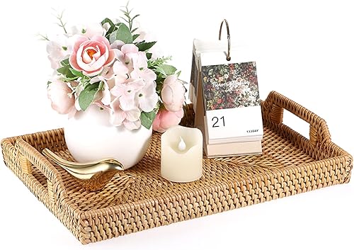 Miniatura 26 de Hipiwe Bandeja de ratán para servir con asas, bandeja decorativa tejida a mano para almacenamiento de desayunos, bebidas, aperitivos, bandeja