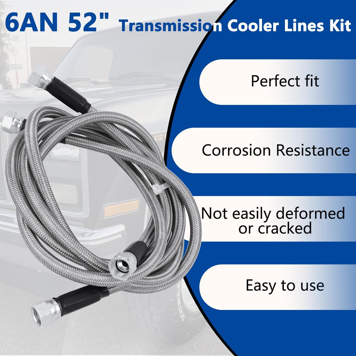 6AN 52” Transmission Cooler Hose Line Kit, Compatible with GM Chevy Ford GMC Buick Cadillac Cars and Trucks Replace#TH350 TH400 700R4 Stainless Steel Braided Lines
