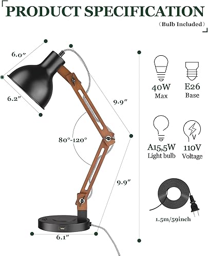 Miniatura 5 de ELYONA Upgrate - Lámpara de escritorio de carga inalámbrica con puerto tipo C lámpara de mesa de madera Sapele brazo oscilante luces de trabajo de