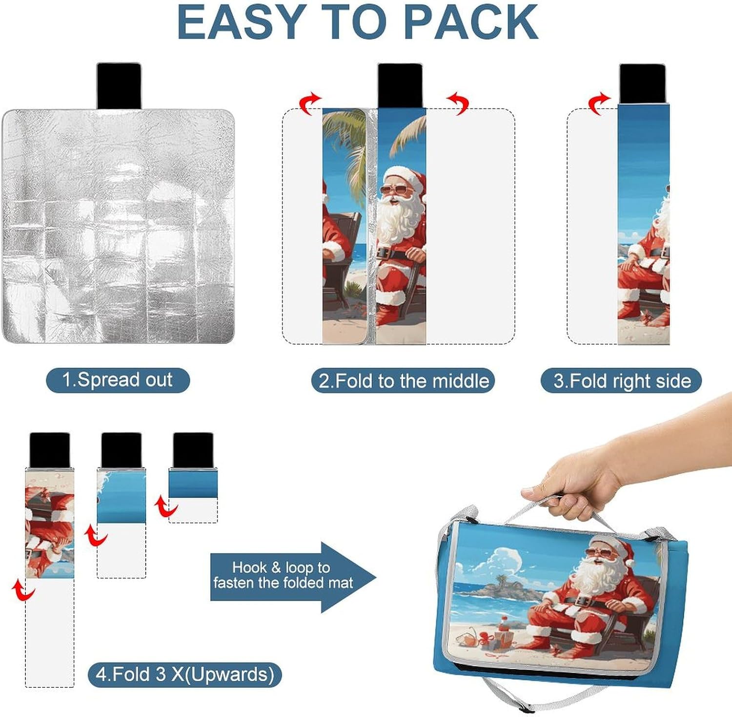 Picnic Blankets Santa Claus at Beach Printed Outdoor Beach Blanket Square Picnic Mat Foldable Outdoor Blanket for Spring Summer Camping, Beach, Park, Patio on Grass