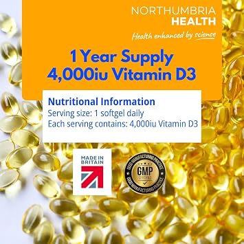 Vitamin D3 4000 IU Softgels – 365 Day Supply | High Strength Immune & Bone Support | Easy-to-Swallow | Gluten-Free | Made in UK