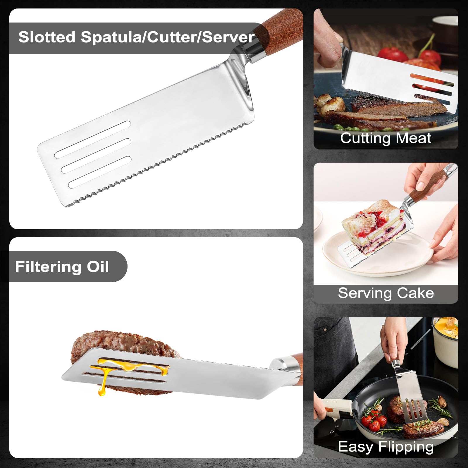 Juego de 3 espátulas de acero inoxidable, espátulas de metal para sartén de hierro fundido, espátulas sólidas y ranuradas resistentes, raspador de plancha con mango de madera y borde biselado 4