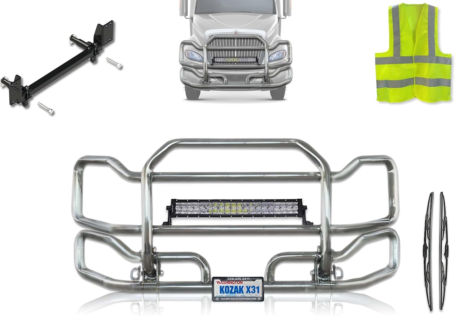 Chrome Front Grille Deer Moose Brush Bumper Guard Large Compatible with International PROSTAR (Plastic Bumper) 2008+ Plus Bracket, Logo, 22" LED Bar, Wipers, License Plate Holder and Frame, Vest