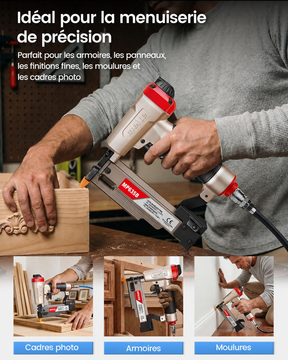 meite MP635B Cloueuse avec 10 000 clous (25 mm), cloueuse pneumatique de calibre 23, pistolet à ongles pneumatique, convient aux clous de calibre 23 de 12 mm à 35 mm, idéal pour les panneaux, petite