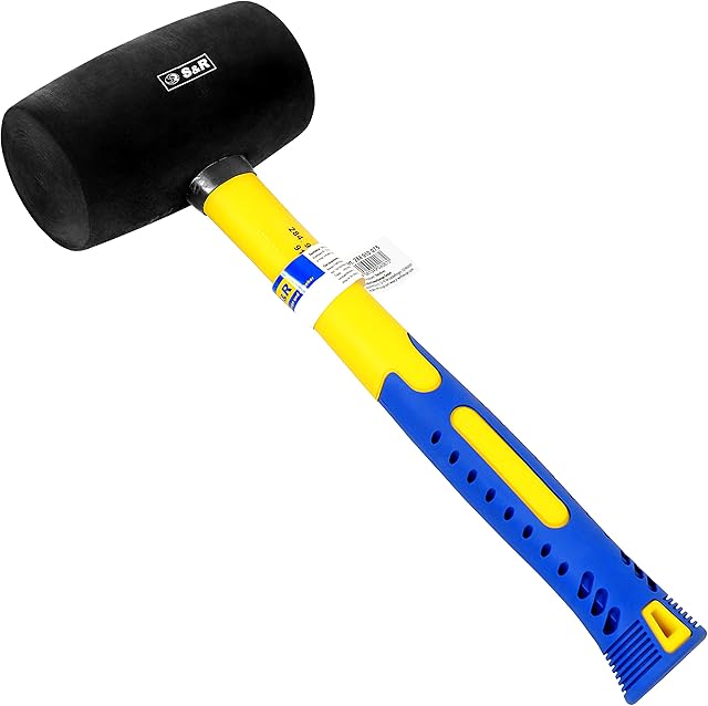 S&R Rubber Mallet Black 55 mm 450 g with Ergonomic Shaped Fibreglass Handle and Anti-Slip Coating