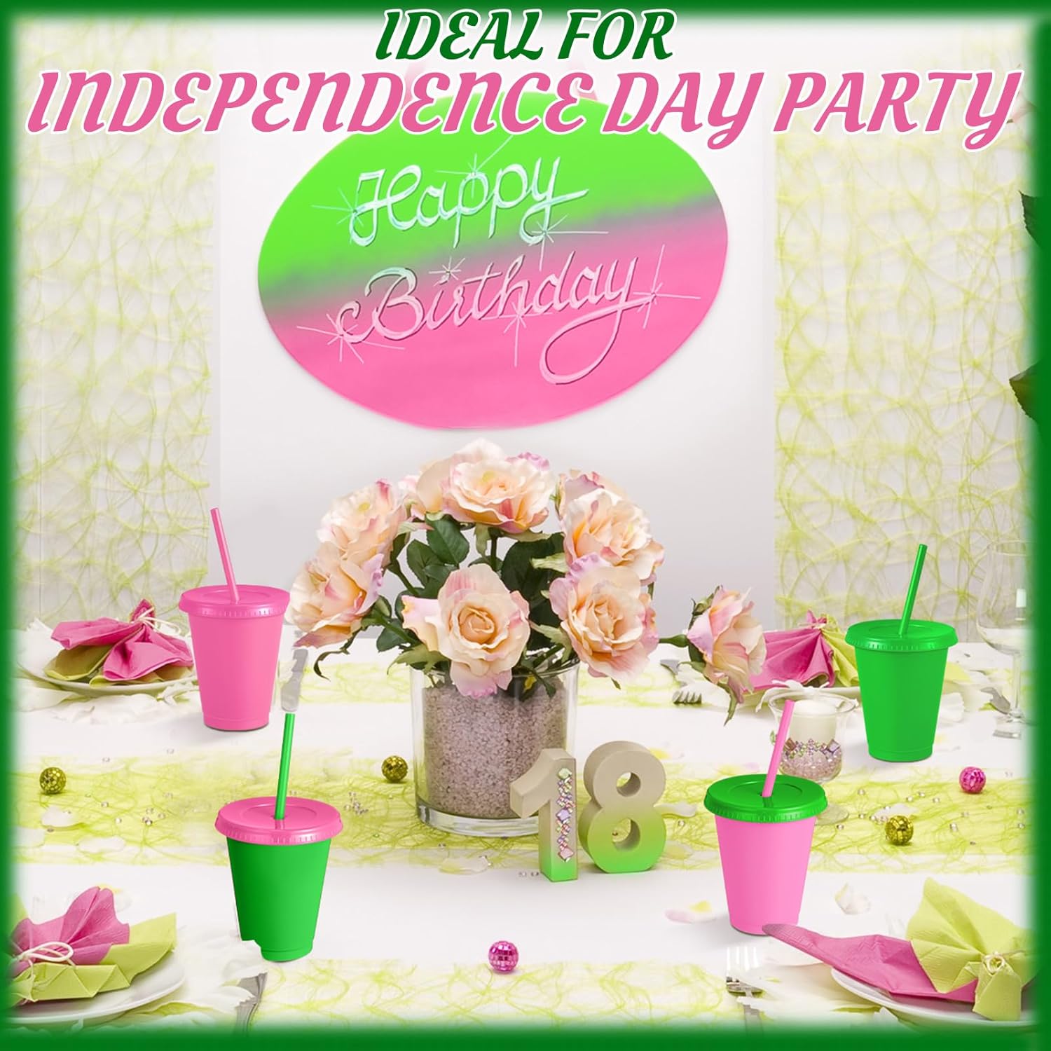 Skylety 16 Pcs Plastic Cups with Lids and Straws 16 oz Plastic Cups Coffee Reusable Tumbler Water Bottle Holiday Christmas Party Supplies Gifts for Drinking Coffee Cocoa(Pink,Green) - Image 4