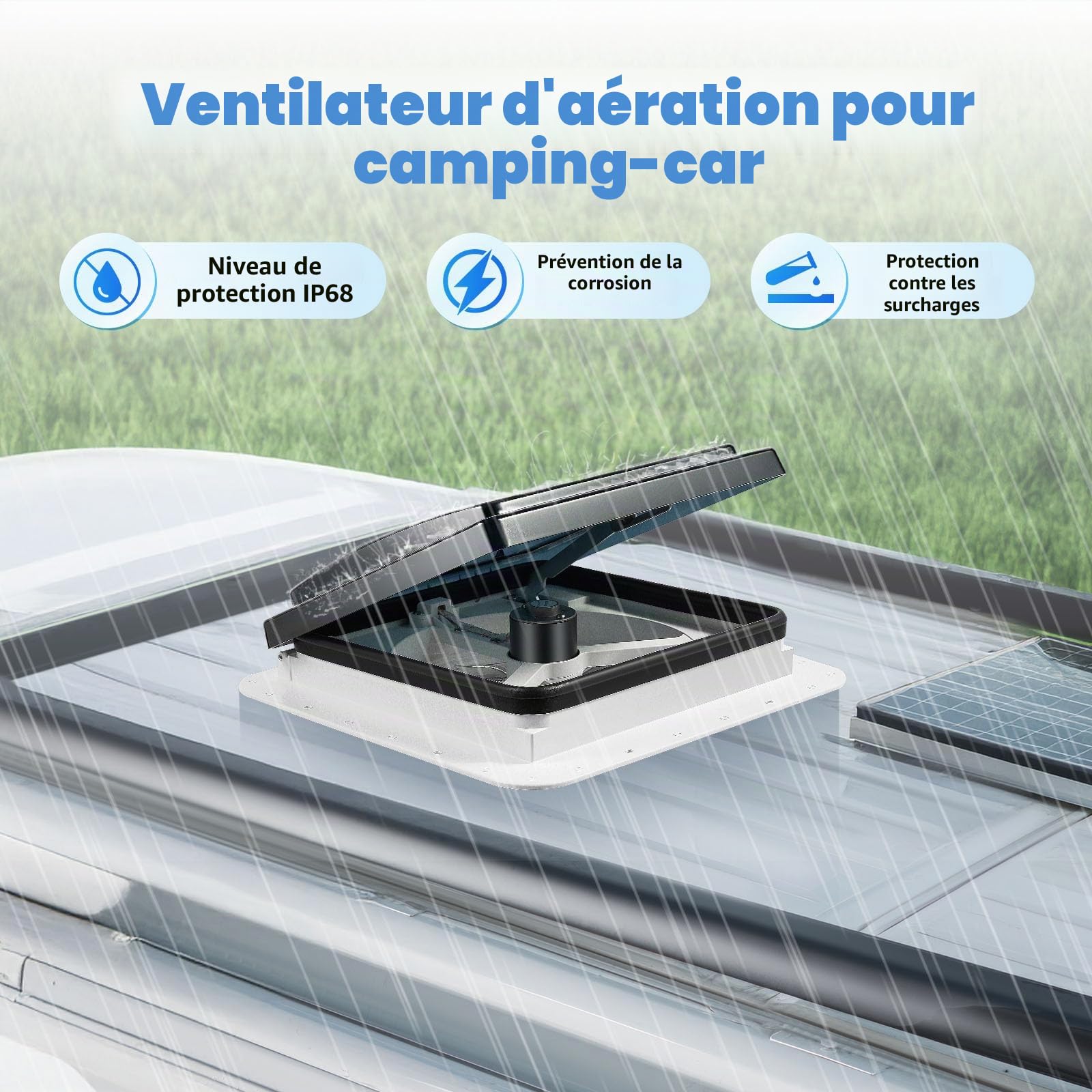 Lanterneau Camping Car 28x28 cm Trappe de toit pour caravane, Universelle RV ventilateur avec moustiquaire, Pour caravane, camping-car, caravane - 12 V - Avec LED