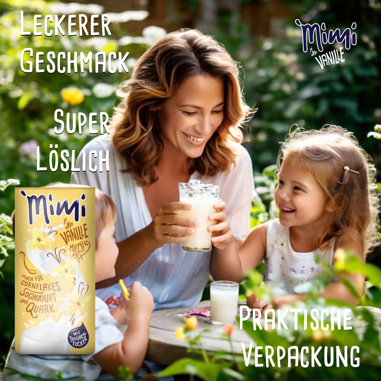 Mimi Milch-Mix Bebida Vainilla Bebida en polvo 12 x 400 g - Paquete de almacenamiento - Deliciosa bebida con sabor a vainilla - Soluble en frío y caliente - Ideal para ocio, oficina, familia grande