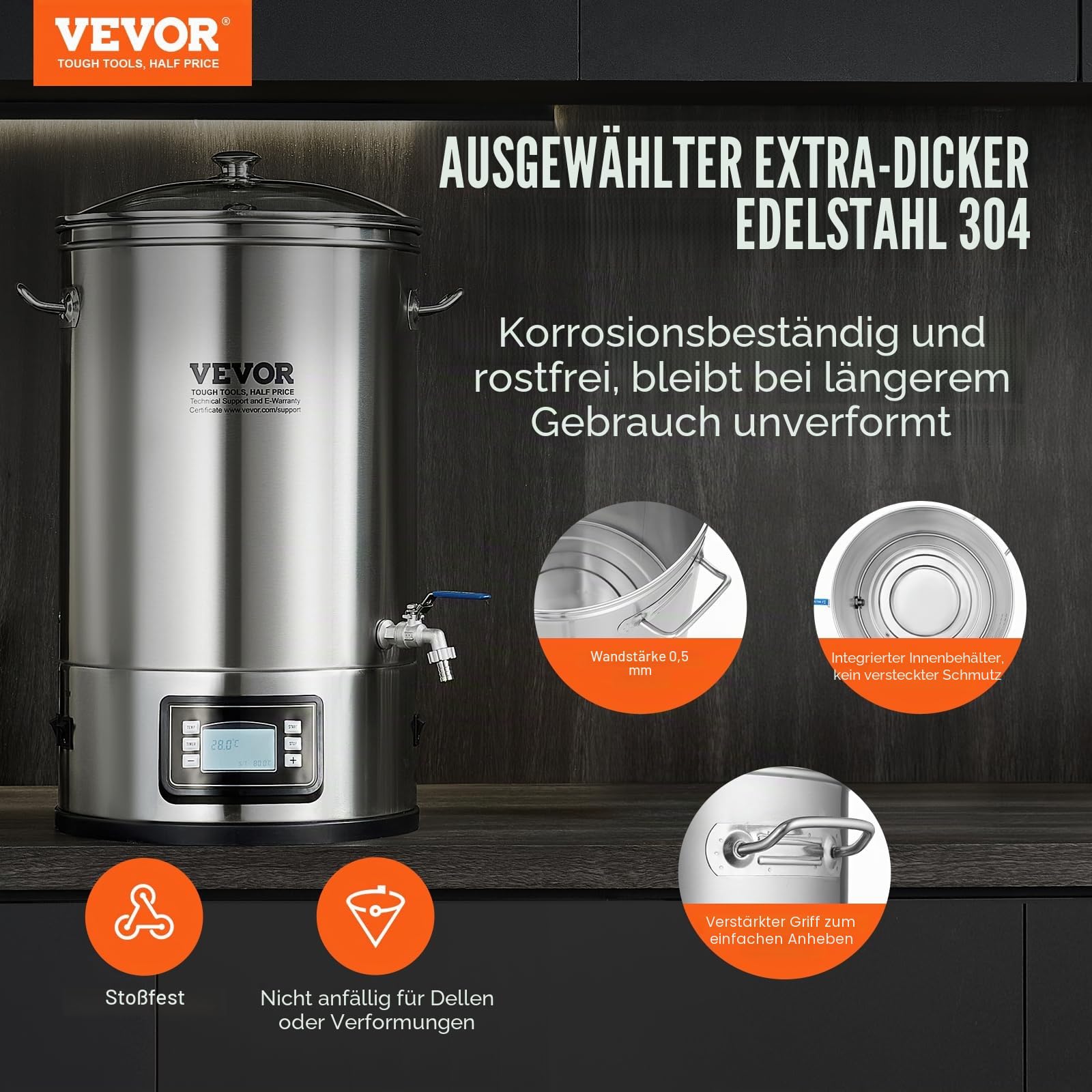 VEVOR Edelstahl Bierbrauanlage Wasserkocher 35 L, Wasserkocher zum Brauen, Heimbrauzubehör für Bier, Bierbraugerät Set inkl. Glasdeckel, Griff, Zapfhahn, Elektronische Bedienblende Gewerblich