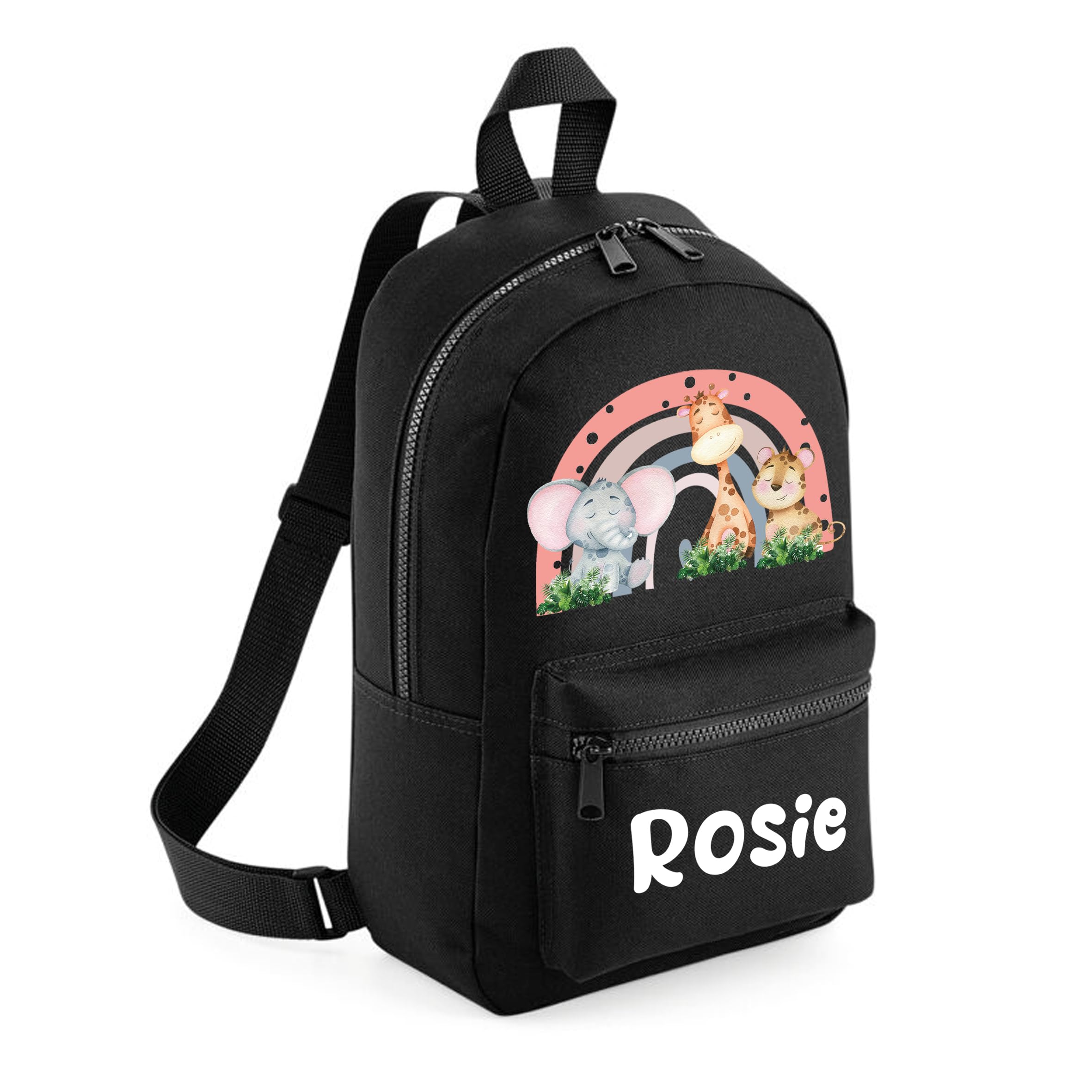 The Baby Box UK Personalised Girls Backpack Toddler Safari Rainbow Back Pack Childrens Rucksack (Black)