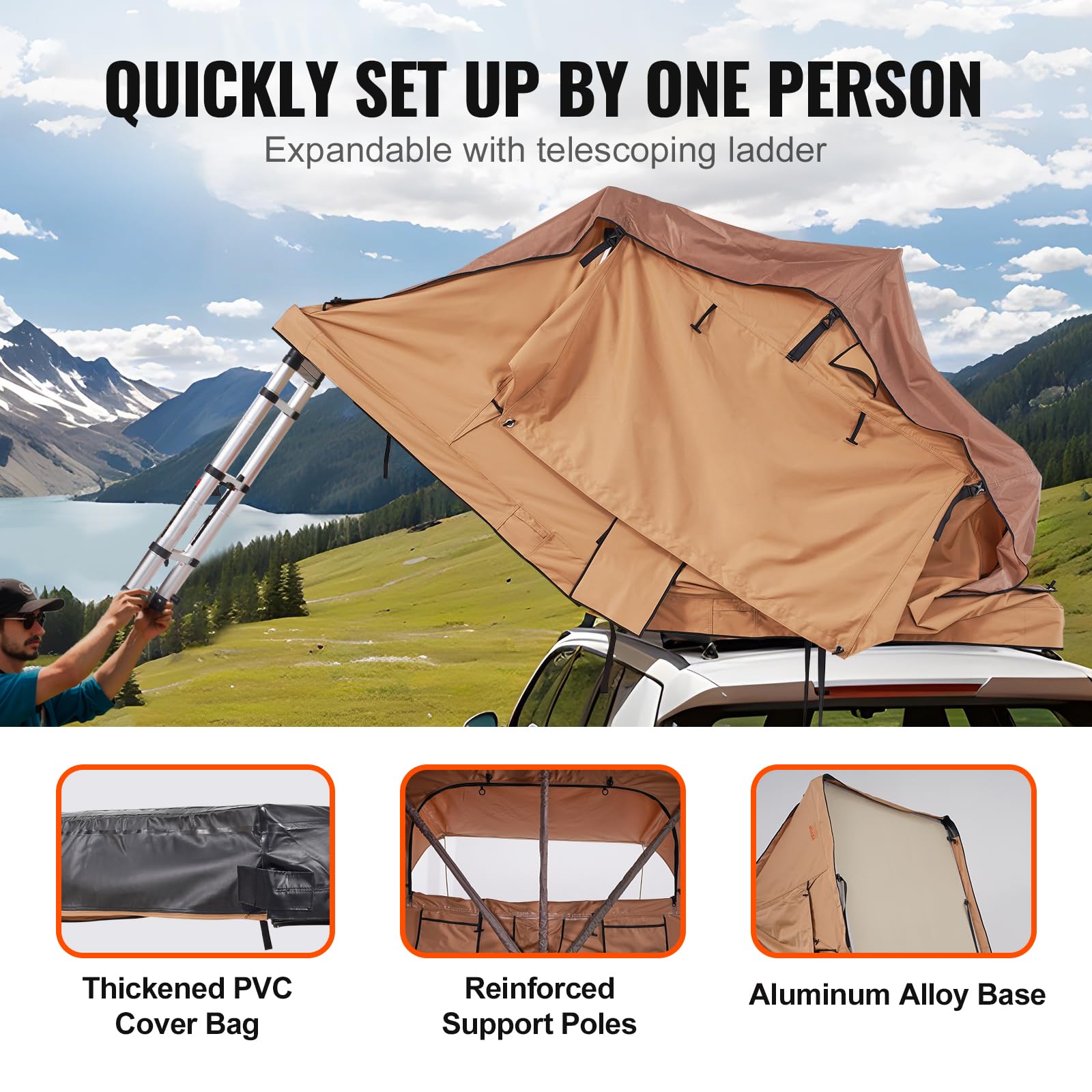 Naturnest Carpa de Techo Rígida, Plegable con Escalera Telescópica, Colchón y Funda PVC Impermeable para Jeep, SUV y Furgoneta