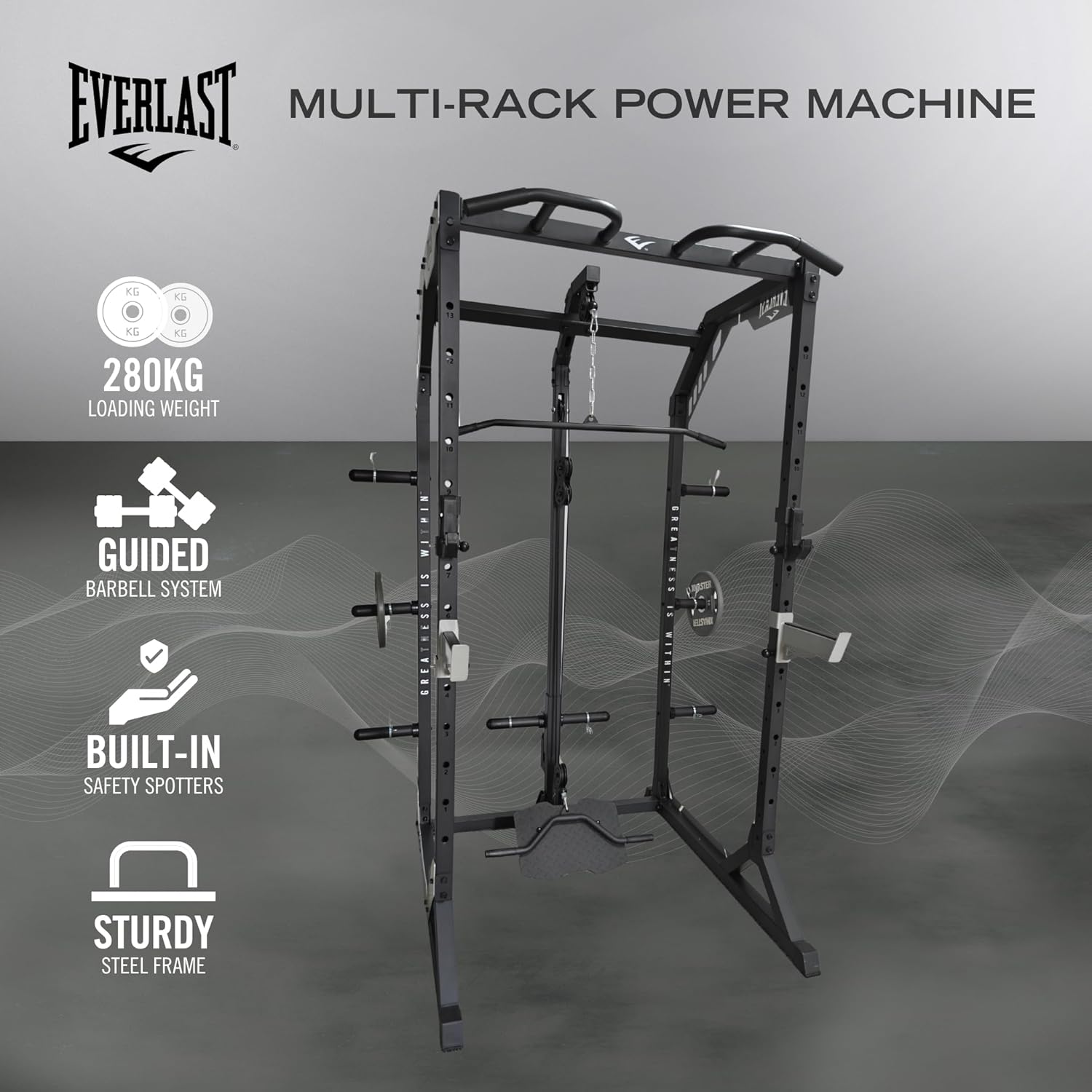 Everlast Multi-Rack Power Smith Machine with key features highlighted