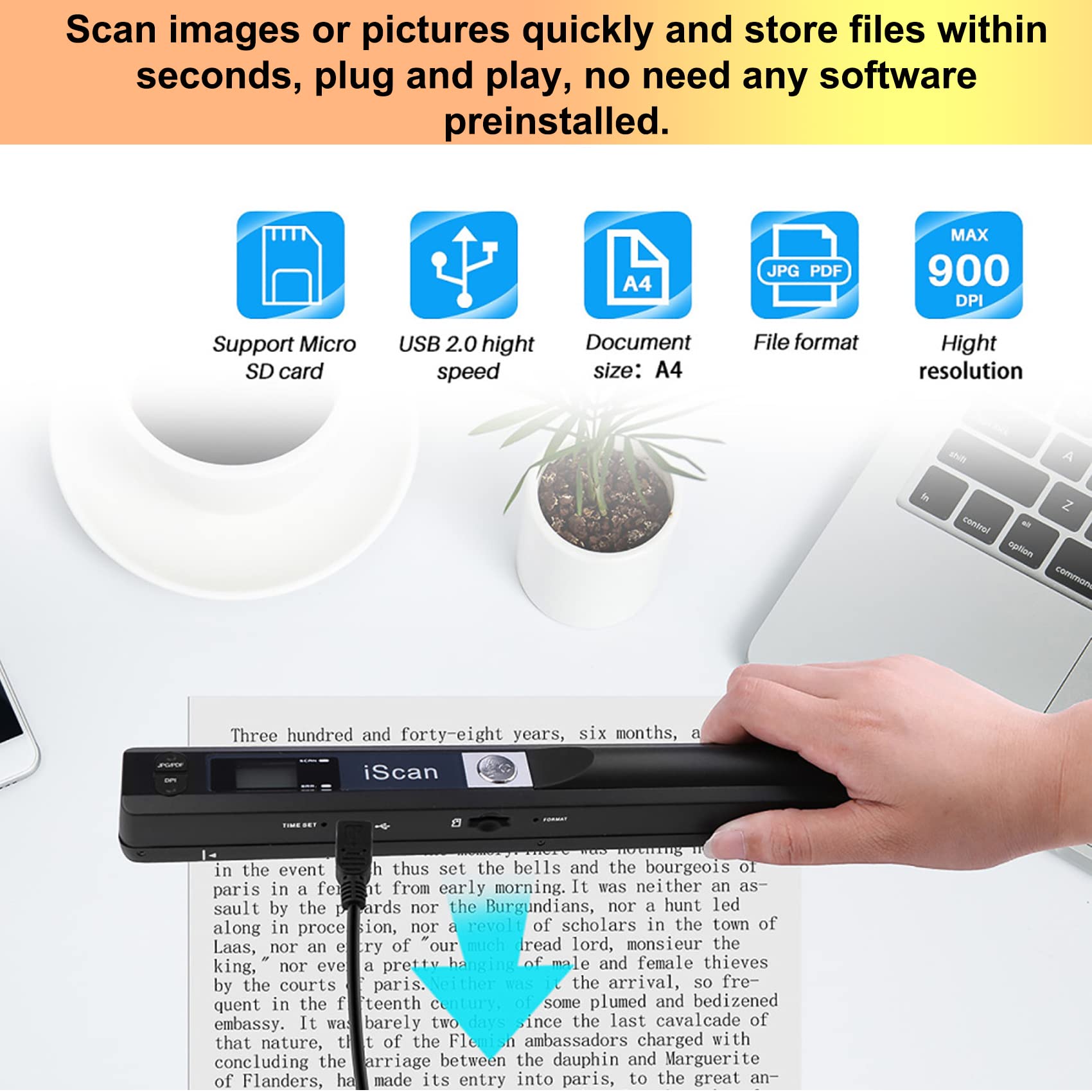 Escáner portátil de mano incluido tarjeta SD de 16 G, escáner de varita para documentos A4, páginas, textos, recibos, libros de hasta 900 ppp, selección de formato JPG/PDF, cargas a través de