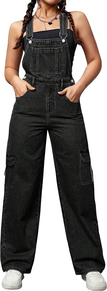 Womens Overalls Demin Wide Leg Cargo jumpsuit Loose Fit Bib Baggy Jean Overalls Adjustable Straps for Women.