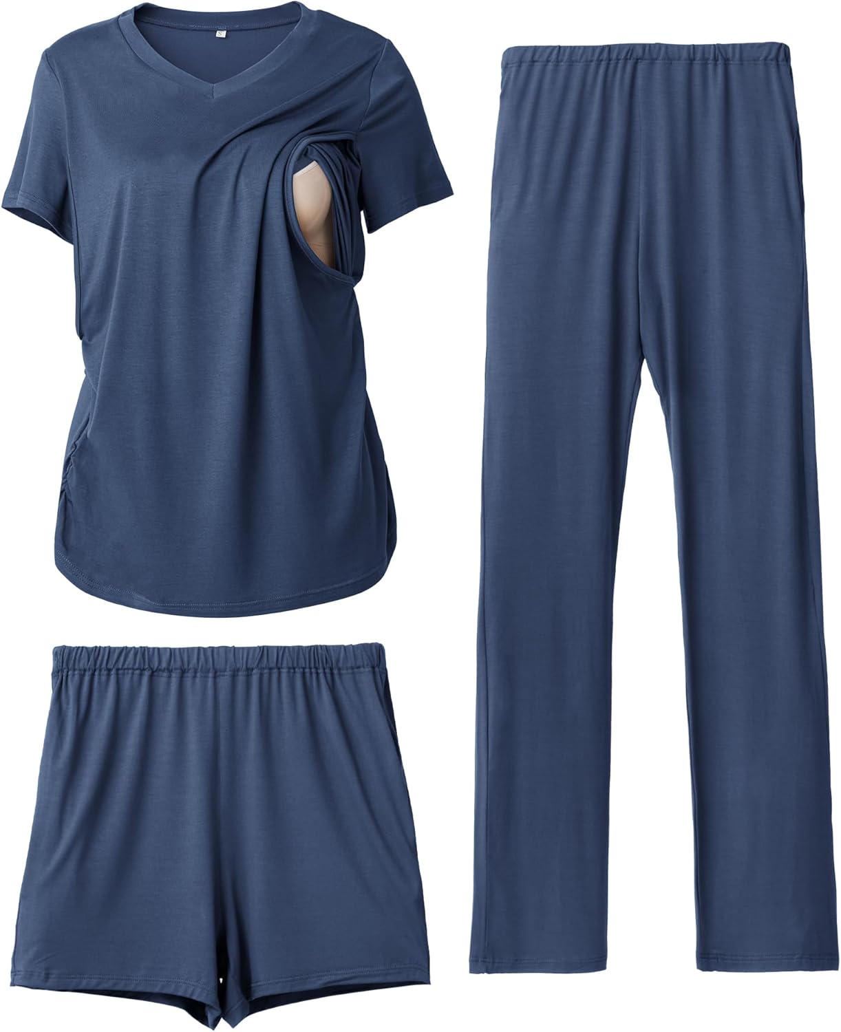Rnxrbb 3 Piece Women's Maternity Nursing Pajamas Set V Neck Breastfeeding Pjs Sleepwear Postpartum Shorts&Pants Pockets