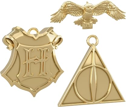 Hallmark Keepsake Harry Potter Ornaments - 3 Pack Deathly Hallows, Hedwig & Hogwarts Crest Design, Gold