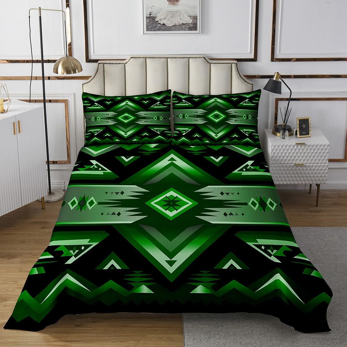 jejeloiu Boho Aztec Bedspread Twin Size Kids Farmhouse Western Exotic Style Green Coverlet Set for Boys Girls Teens Tribal Native American Indian Quilted Coverlet Room Decor