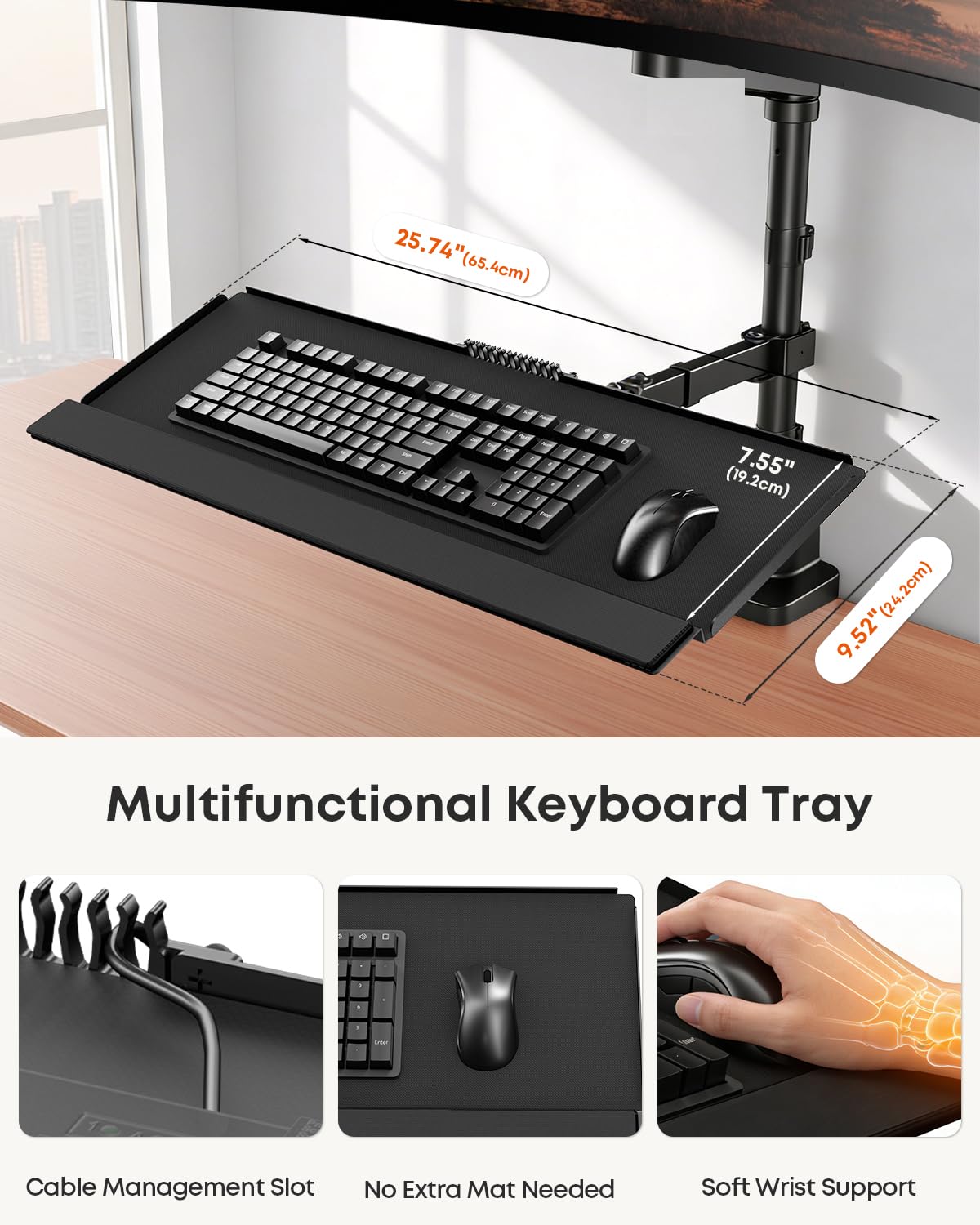PUTPRSEN Soporte Monitor con Bandeja Teclado – Carga Pesada hasta 49 Pulgadas & 10 kg, Brazo con Gas Elevable Sentado-Pie, Ergonomico para Oficina y Teletrabajo, Gestión de Cables, Compatible VESA
