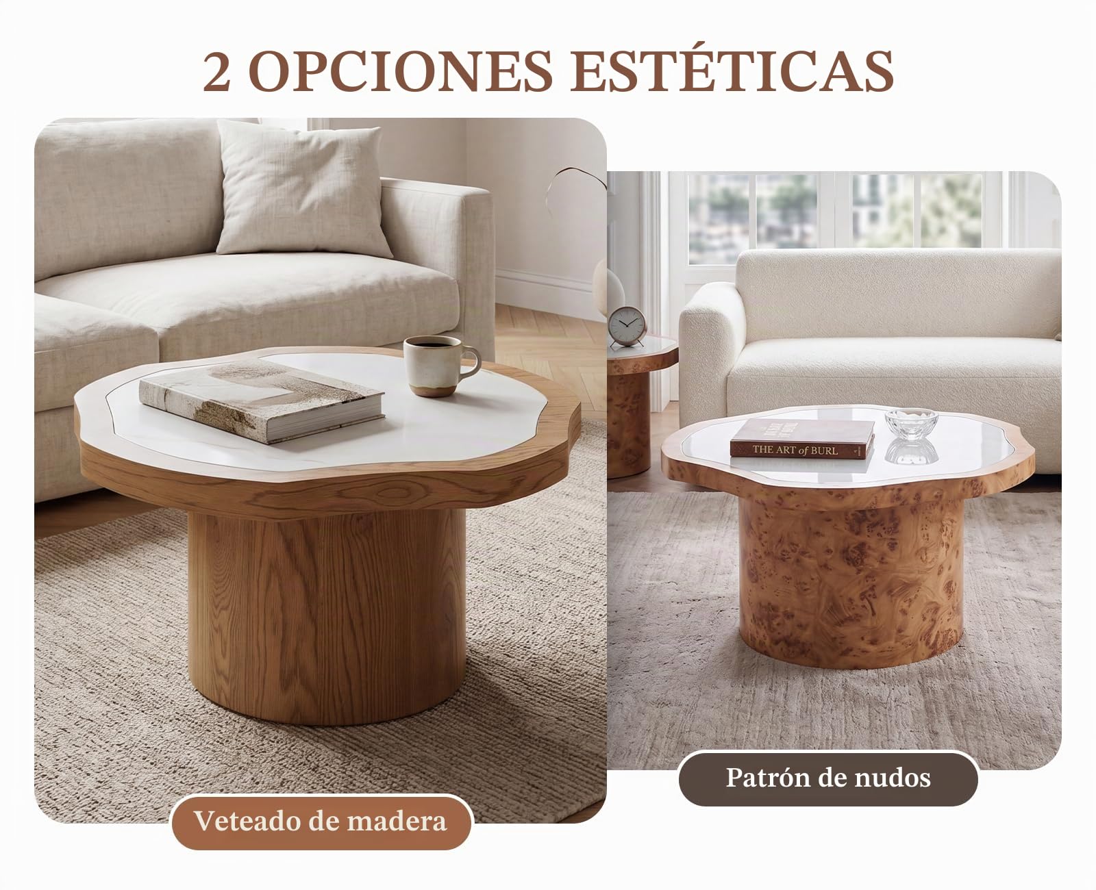 chairus 2PCS Mesas de Centro Madera con Forma de Nube, Color Natural | Mesa Redonda de Salón, Base de Madera, con Superficie Imitación Mármol, Mesita Desmontable