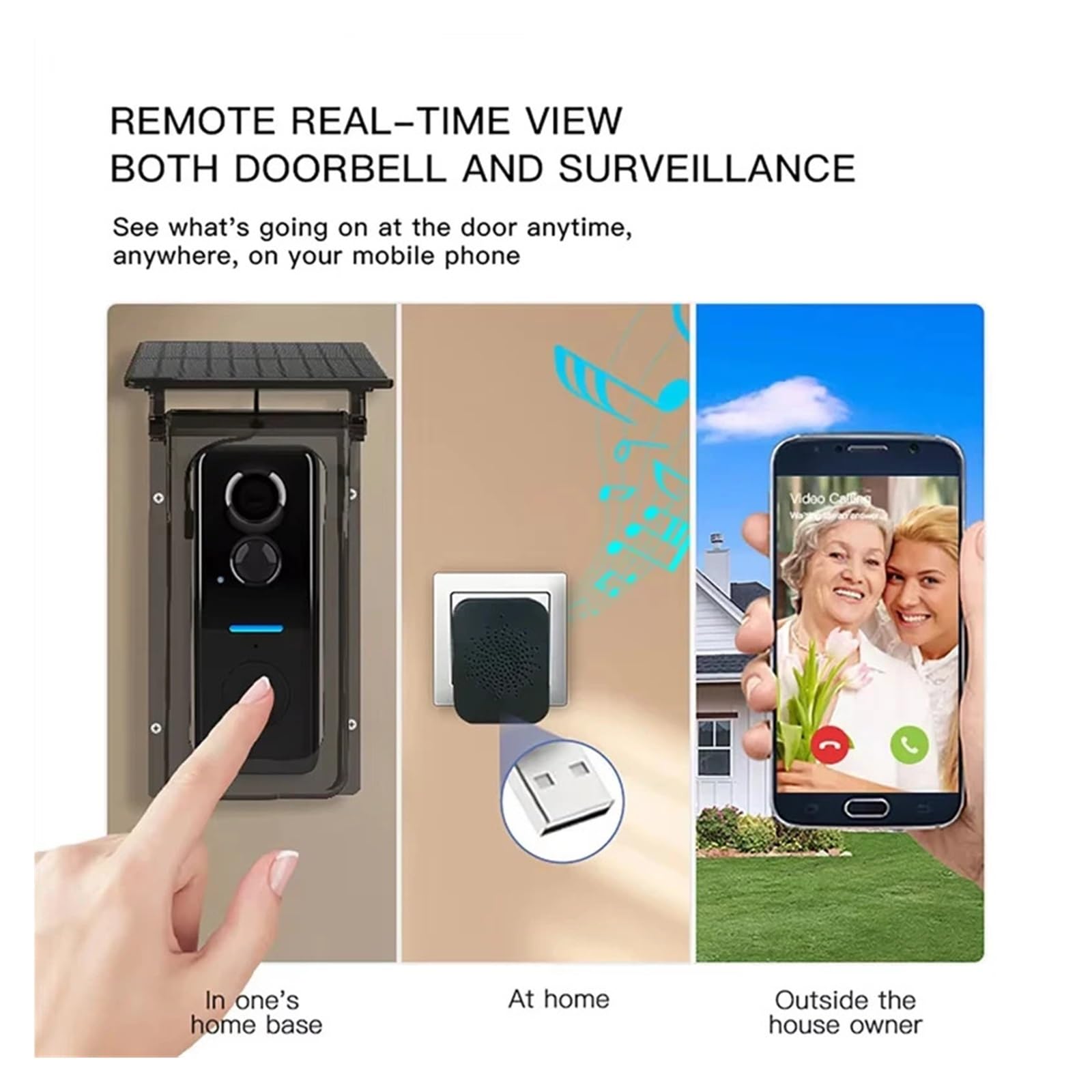 Tuya - Timbre WiFi con cubierta solar para lluvia, timbre inalámbrico con video (timbre negro)