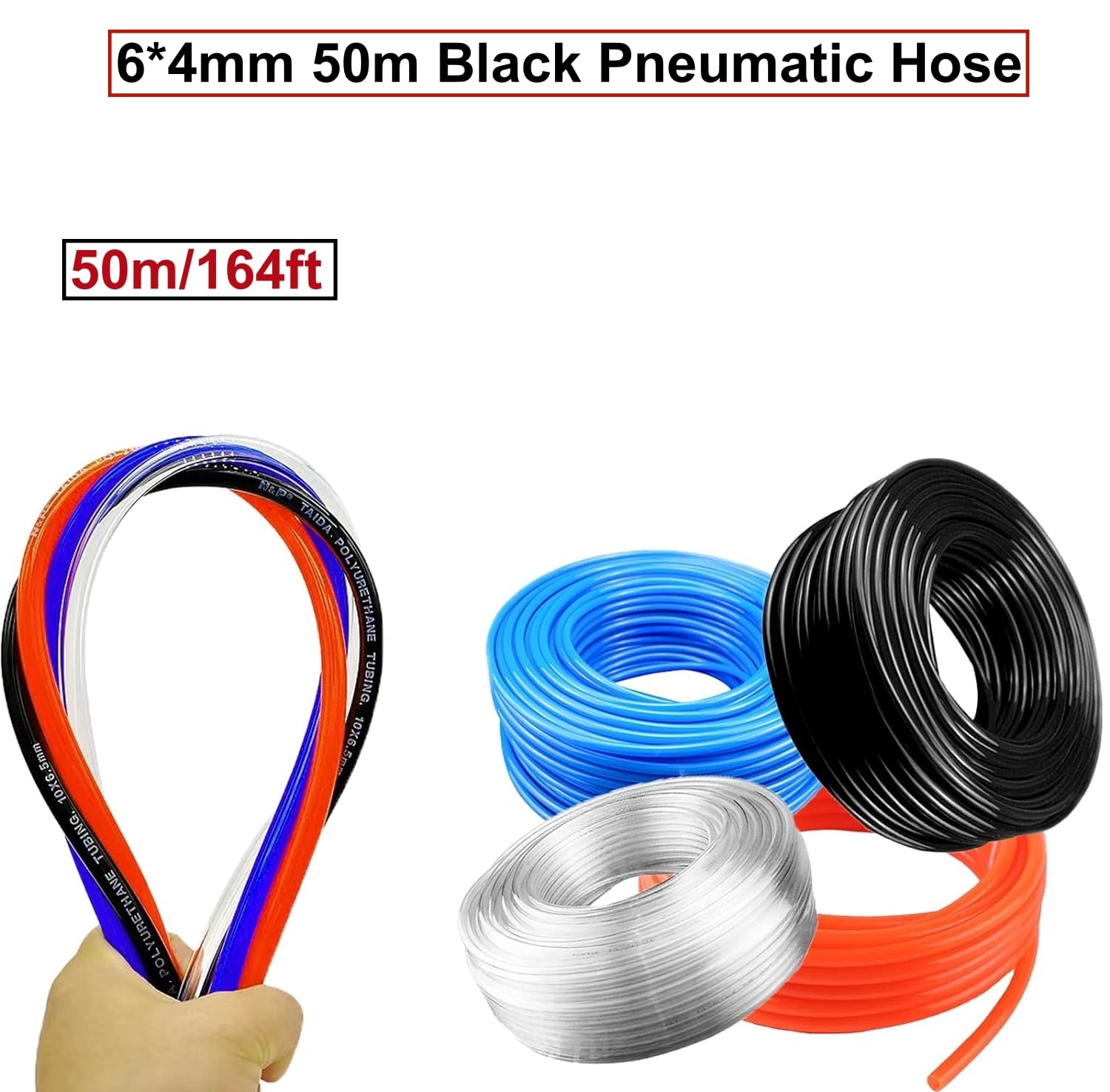 HUAZIZ 50 m Tubo neumático de poliuretano PU negro, tubo neumático de poliuretano flexible, exterior 6 mm x interior 4 mm + 1 pieza de cortador de tubo azul + 1 pieza de cinta de teflón rosa