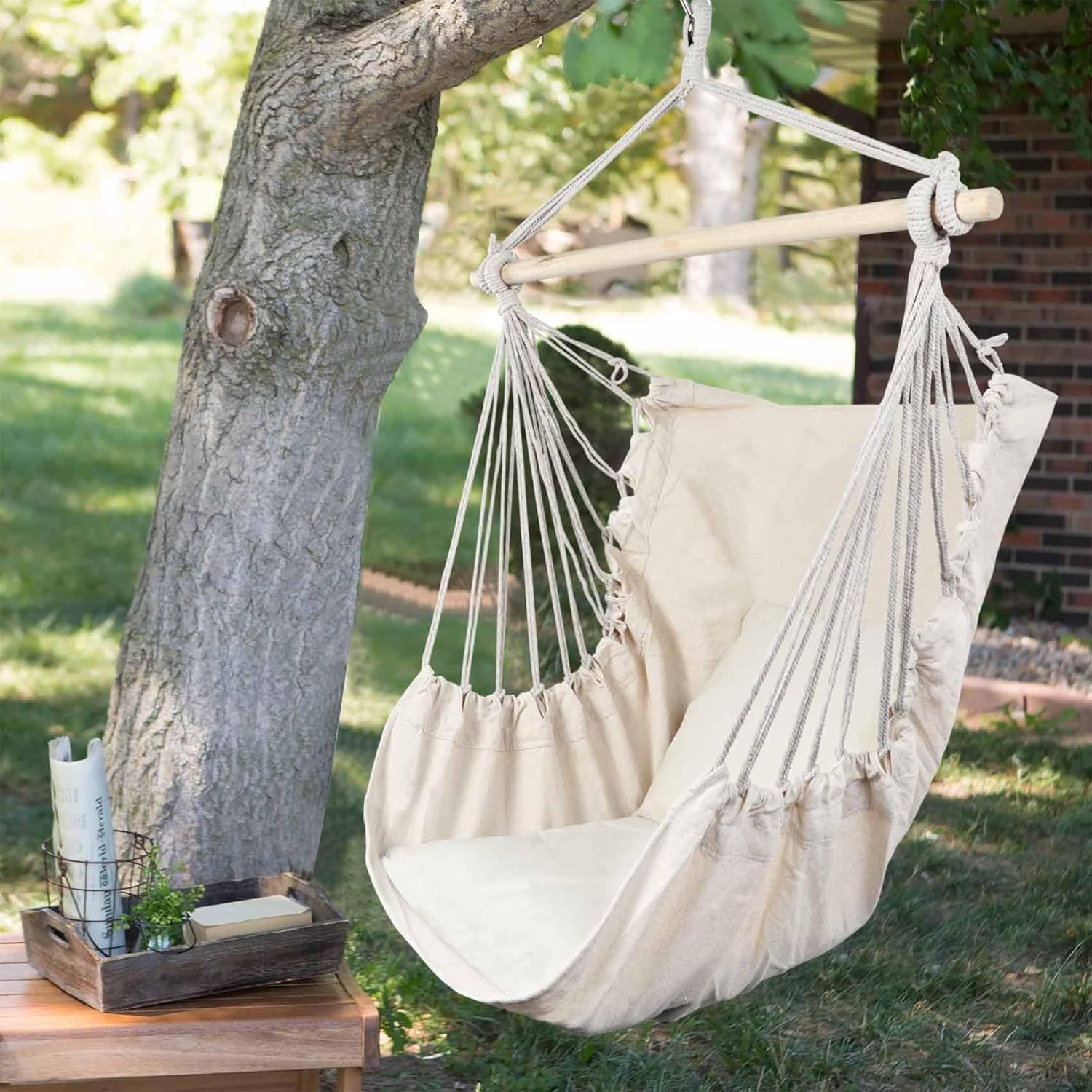 Hammock Garden Sports Dormitory Bedroom Hanging Chair Macrame Hanging Swing Seat with Weight Capacity 350 Lbs Indoor Outdoor Hanging Rope Swing Seat Chair with Free Pillow & a Gift