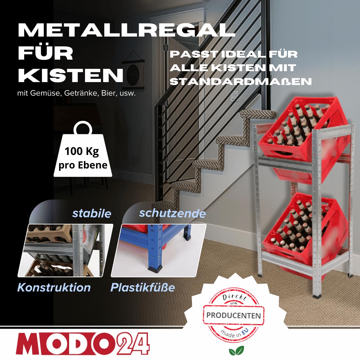 Getränkekistenregal Helios Metall, Stabil, Kistenregal für 3 Kisten, Getränkeregal, Kistenständer, Freistehend, Kistenhalter, Kellerregal, Lagerregal, Abmessungen 107x50x30 cm, Weiß