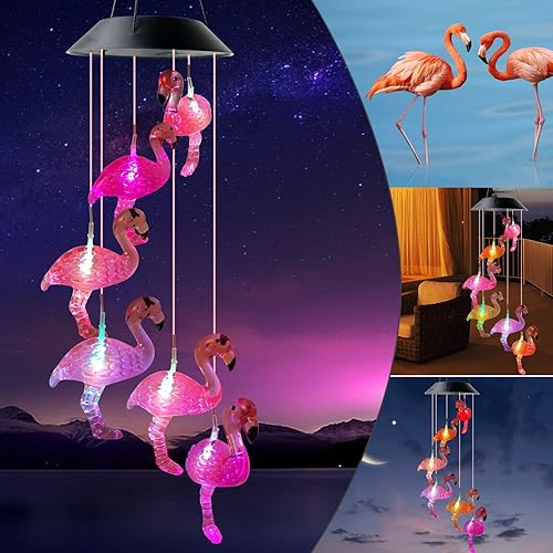 Campanilla de viento de flamenco, campanillas de viento de pájaros, campanillas de viento solares, decoración de flamenco, campanillas de viento