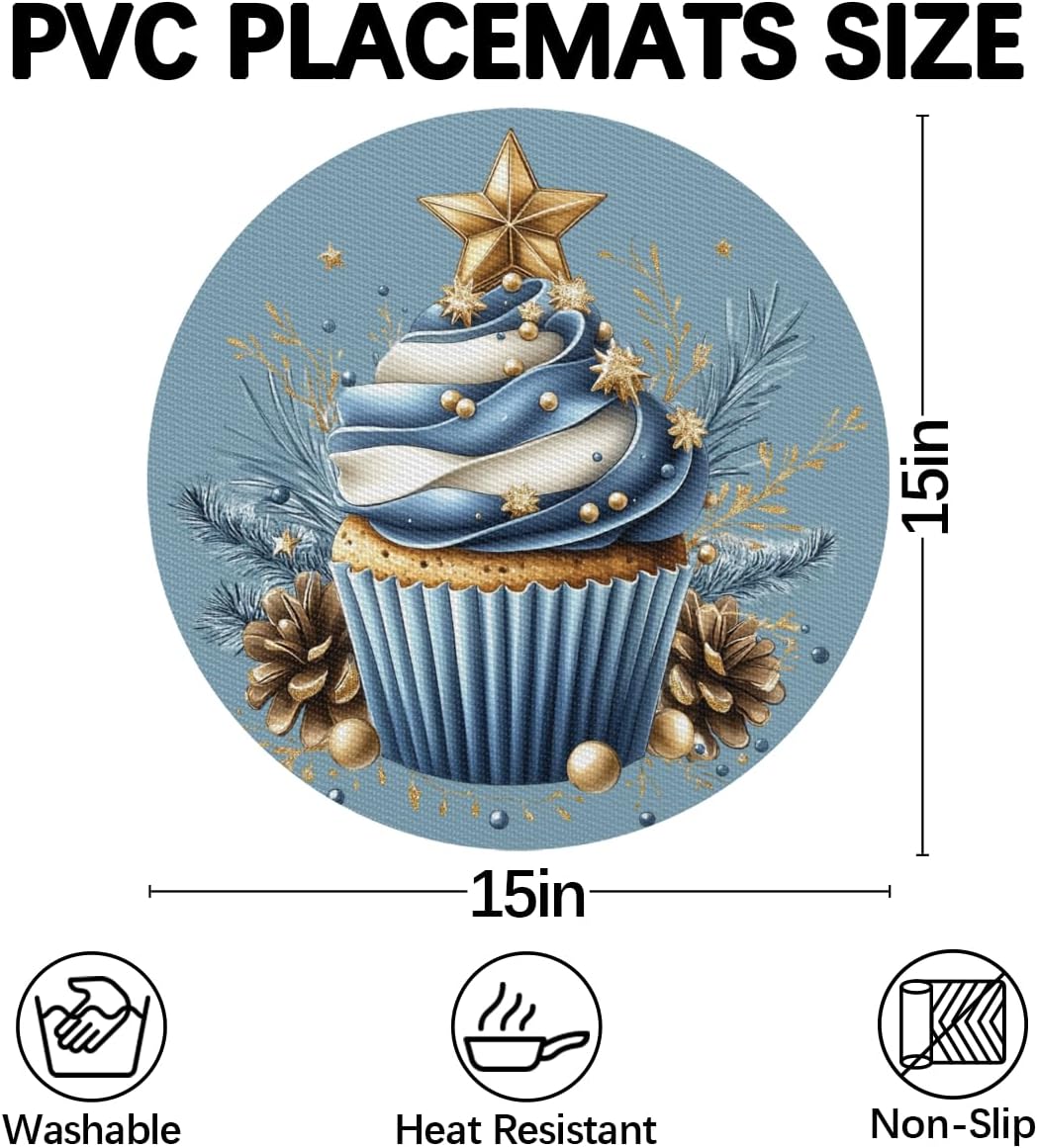 Christmas Cup Cake Wedge Placemats Set of 4+1pcs PVC Washable Wedge Place mats Round Table mat Wipeable Plastic Dining Table mats for Kitchen Indoor Outdoor Patio Table Decor