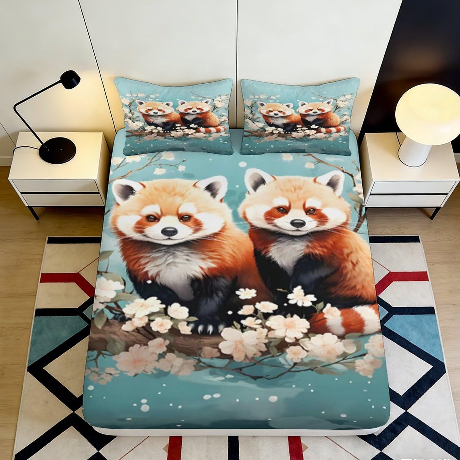 3D Printed Red Panda Fitted Sheet Microfiber Soft Breathable Floral Mattress Cover for Bedroom Dormitory Guest Room Mattress Protection Decor 160x200x25cm