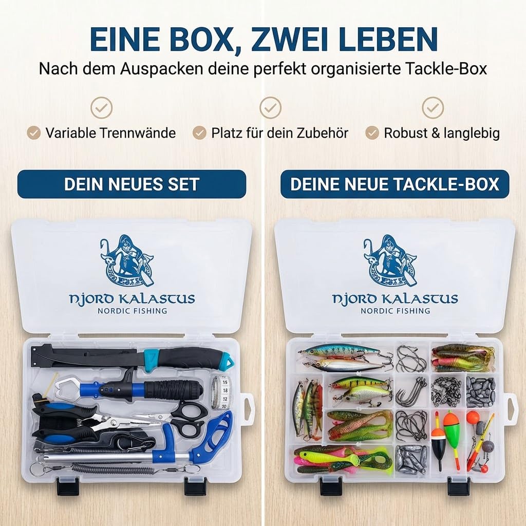 Angelset Komplett für Einsteiger & Profis Multifunktionale Angelbox mit Filiermesser, Maßband, Hakenlöser, Fischgreifer, Schere, Multizange & Schneidebrett Perfektes Fischen Set & Angelkoffer Zubehör