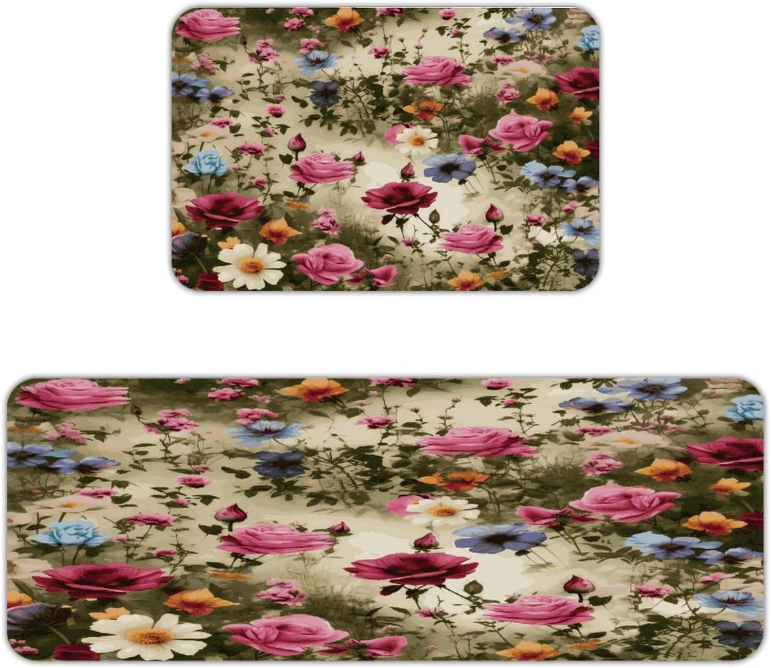 Garden Blooming Wildflowers Kitchen Mats with 2PCS Non-Slip Washable,Kitchen Rug Heavy Duty Durable, Floor Mats for Kitchen,Office,Sink,Laundry