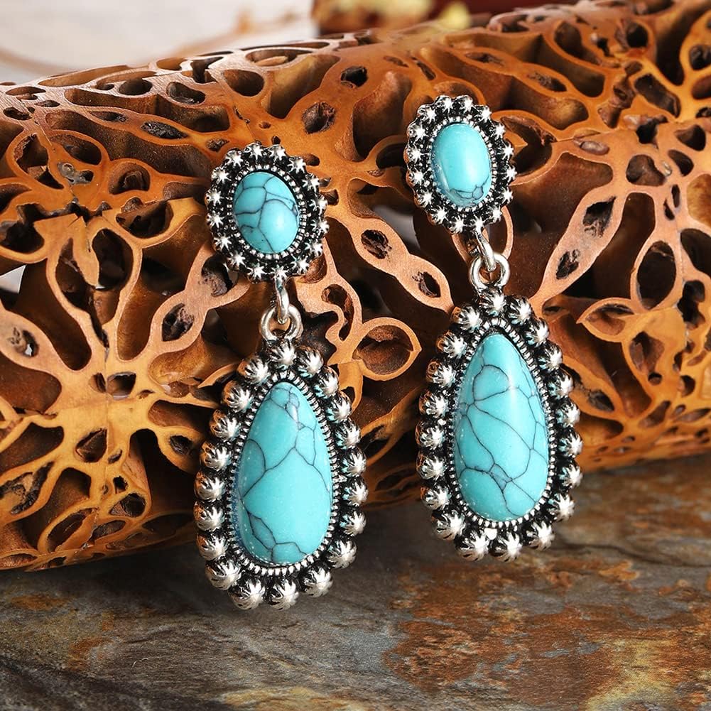 BG&WLing Turquoise Earrings 925 Sterling Silver Teardrop Dangle Drop Earring Western Bohemia Vintage Jewelry for Women - Image 5