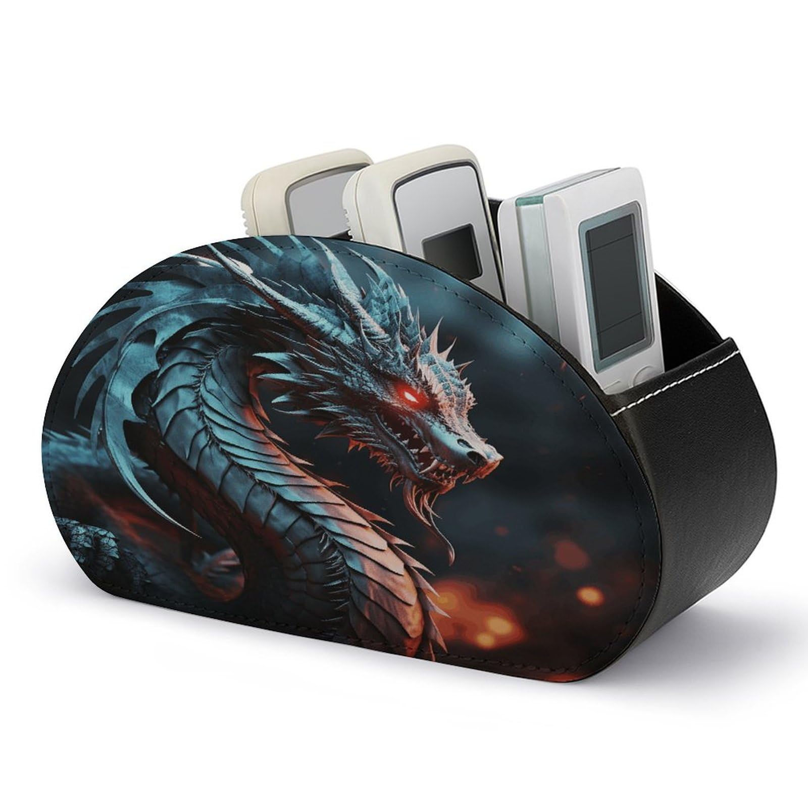VstaDank Dragon Remote Control Holder Farmhouse TV Media Remote Storage Box with 5 Compartments PU Leather Remote Caddy Desktop Organizer for Home Bedside Table Organizer