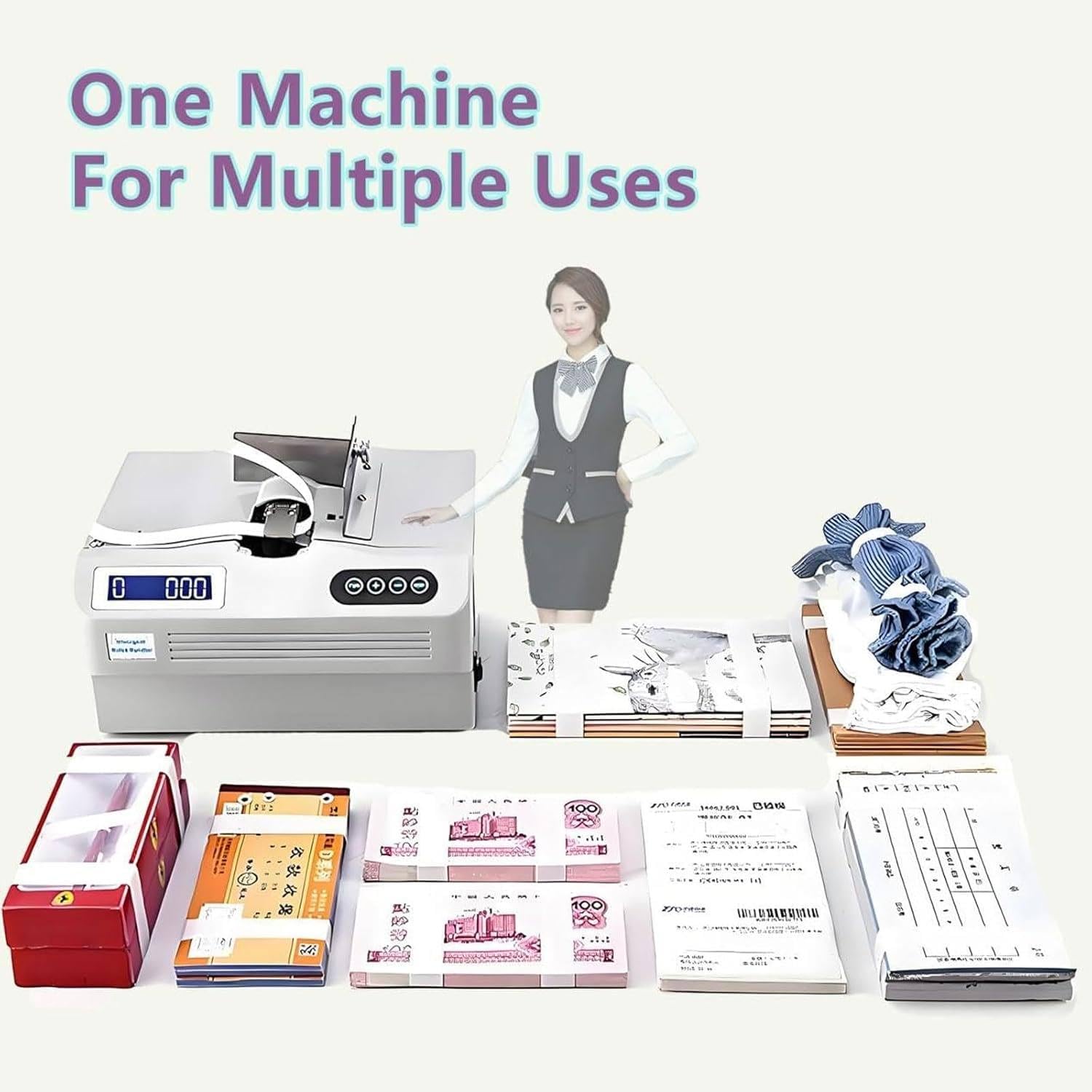 Máquina agrupadora de billetes, pequeña máquina automática de flejado de cinta, pantalla LCD de tamaño ajustable para finanzas bancarias